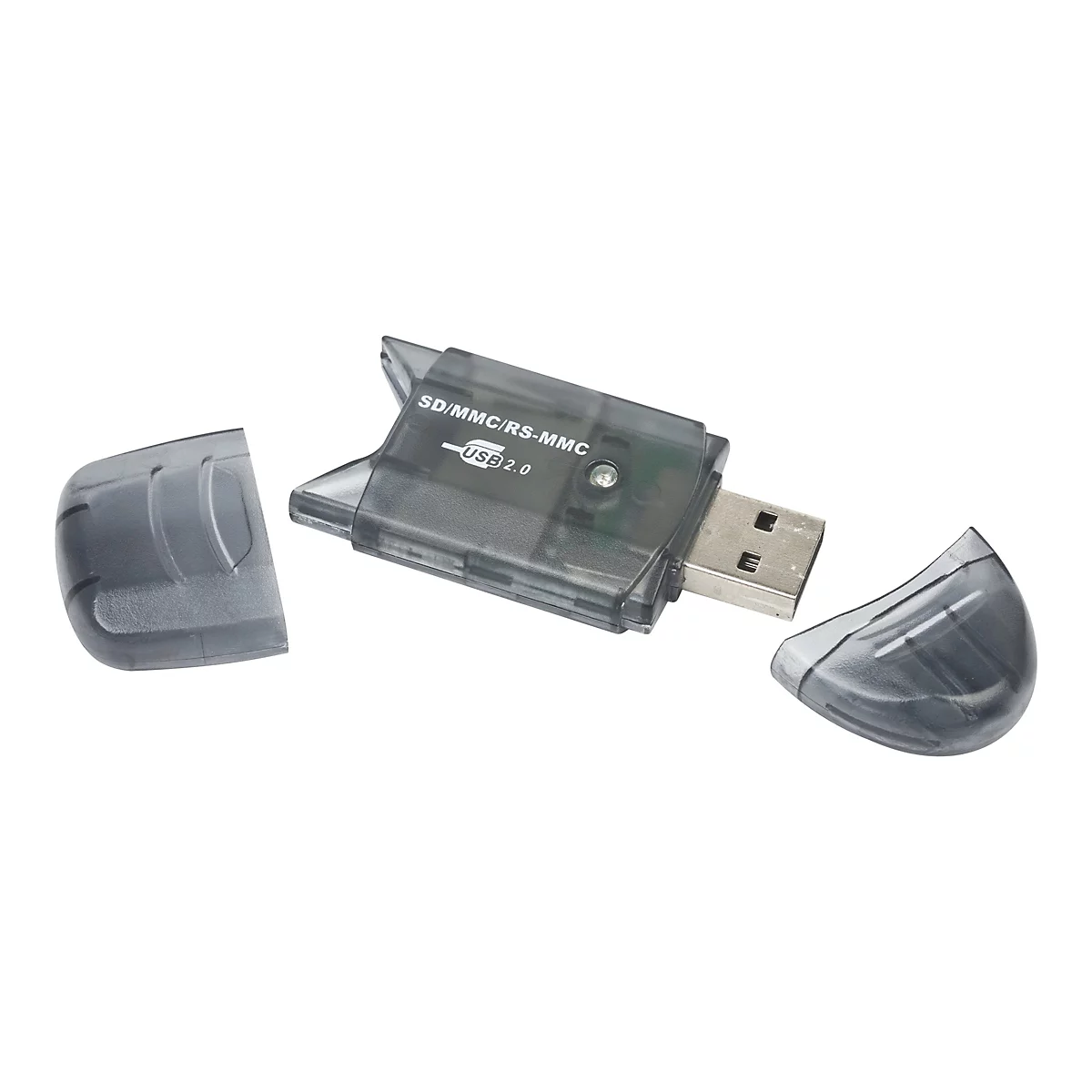 USB 2.0 Speicherkartenleser aus halbtransparentem grauem Kunststoff mit abgenommenen Schutzkappen.