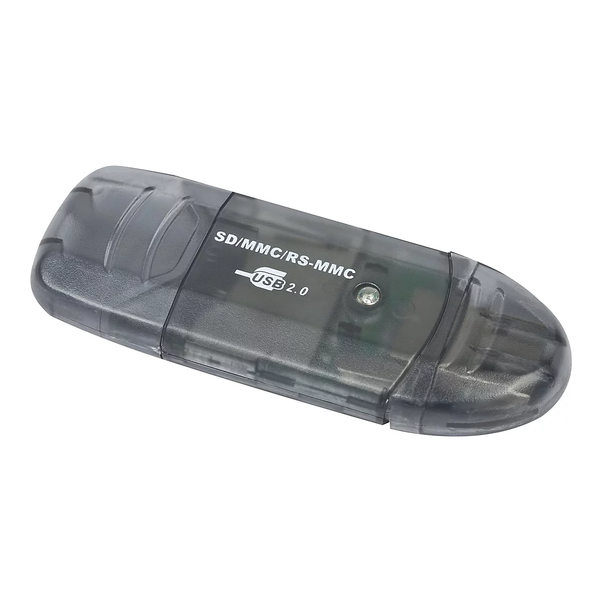 Ein halbtransparenter, schwarzer USB-Kartenleser mit der Aufschrift SD/MMC/RS-MMC USB 2.0 vor weißem Hintergrund.