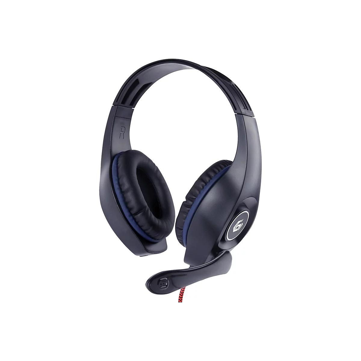Schwarzes Gaming-Headset mit blau gepolsterten Ohrhörern und klappbarem Mikrofon vor weißem Hintergrund.
