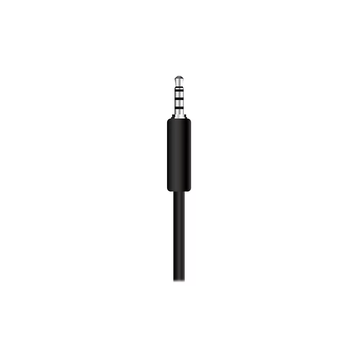 Schwarzer 3,5 mm Klinkenstecker mit Kabel vor weißem Hintergrund.