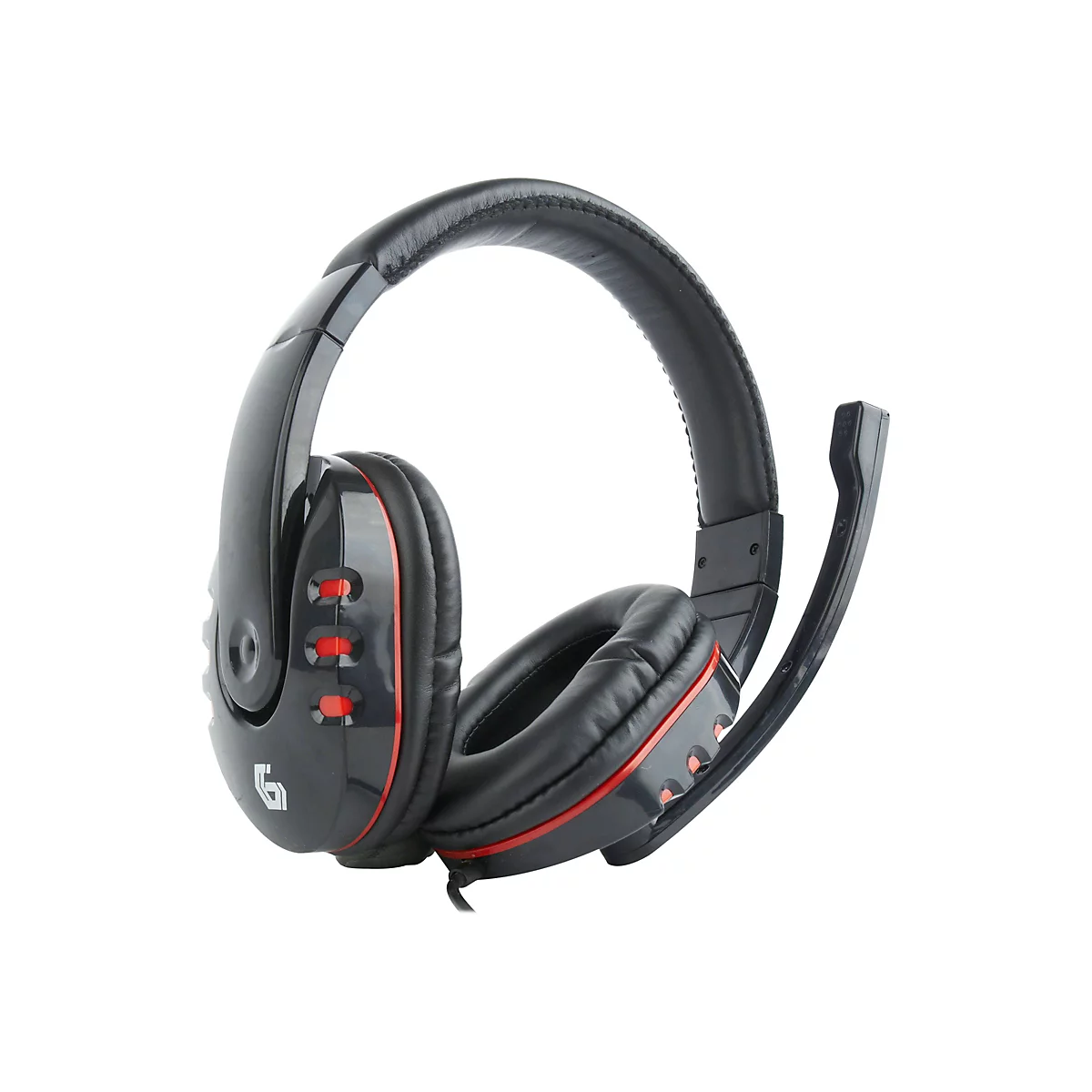 Schwarzes Gaming-Headset mit roten Akzenten und Mikrofonbügel auf weißem Hintergrund.