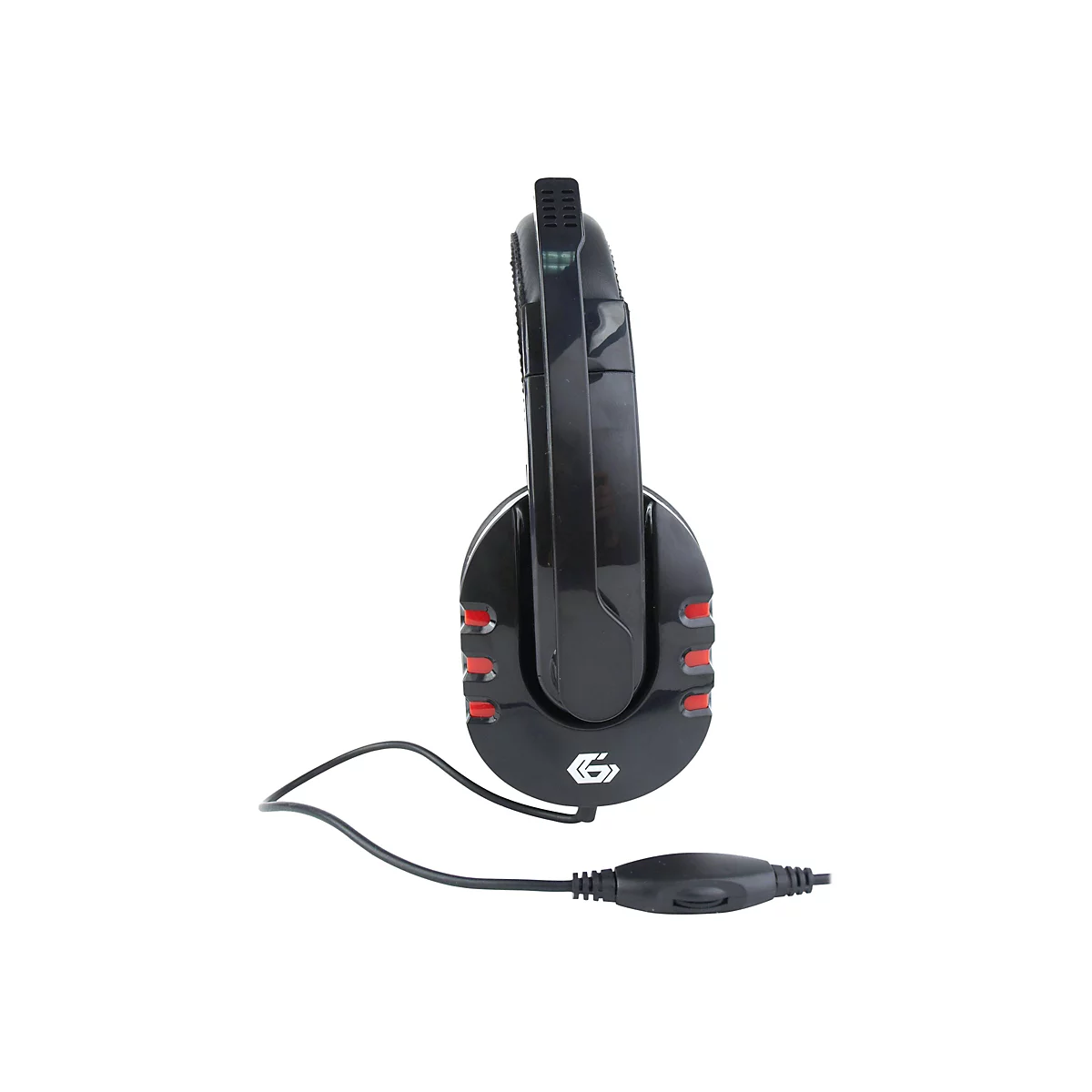 Schwarzes Gaming-Headset mit roten Akzenten und Kabelfernbedienung vor weißem Hintergrund.