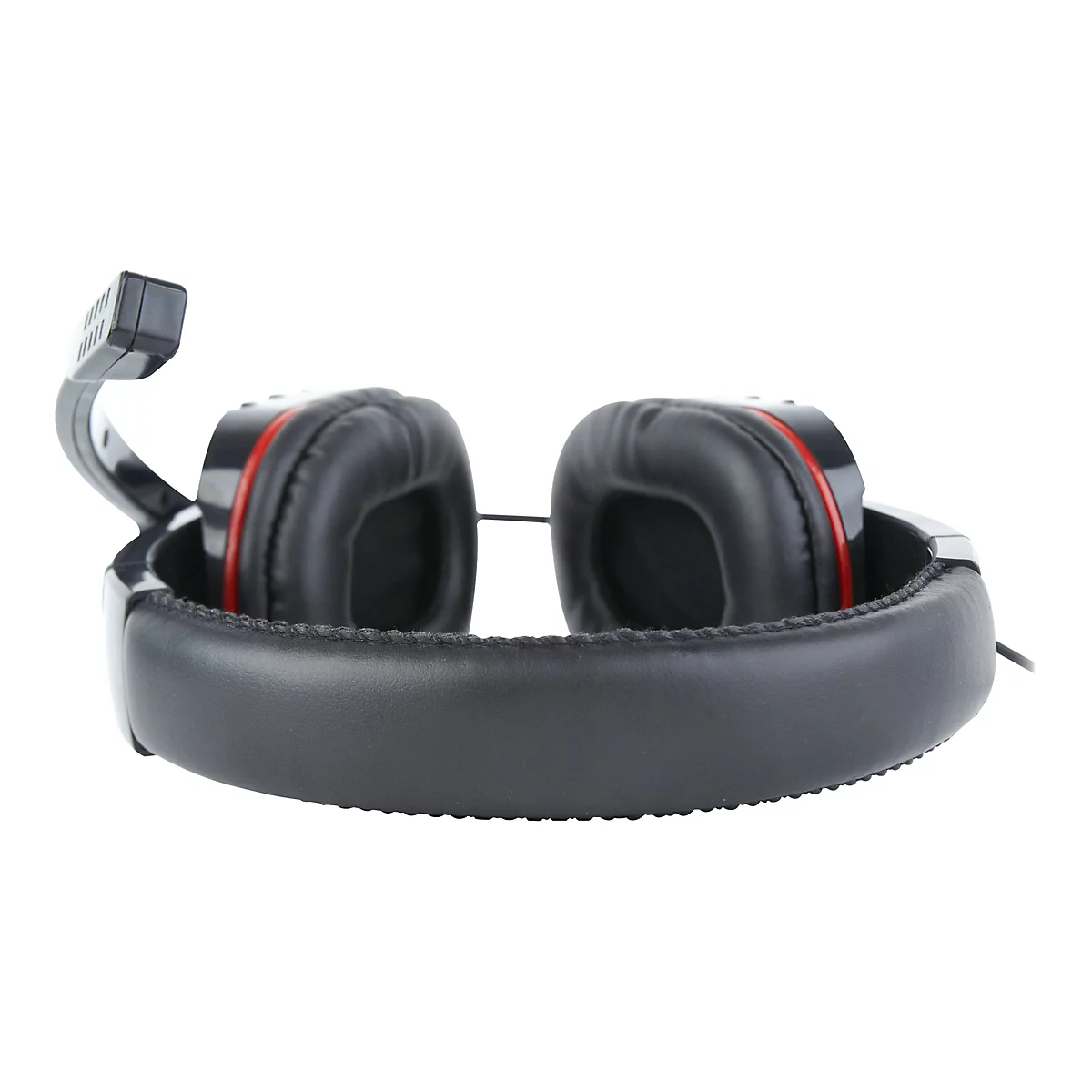 Schwarzes Gaming-Headset mit rotem Akzent und ausklappbarem Mikrofon vor weißem Hintergrund.