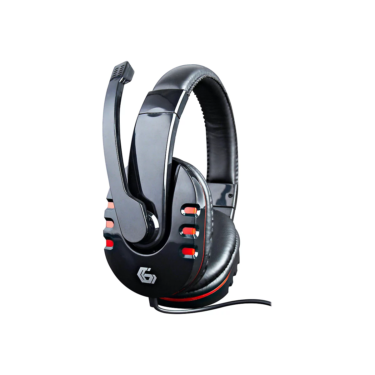 Schwarzes Gaming-Headset mit rotem Akzent und klappbarem Mikrofon vor weißem Hintergrund.