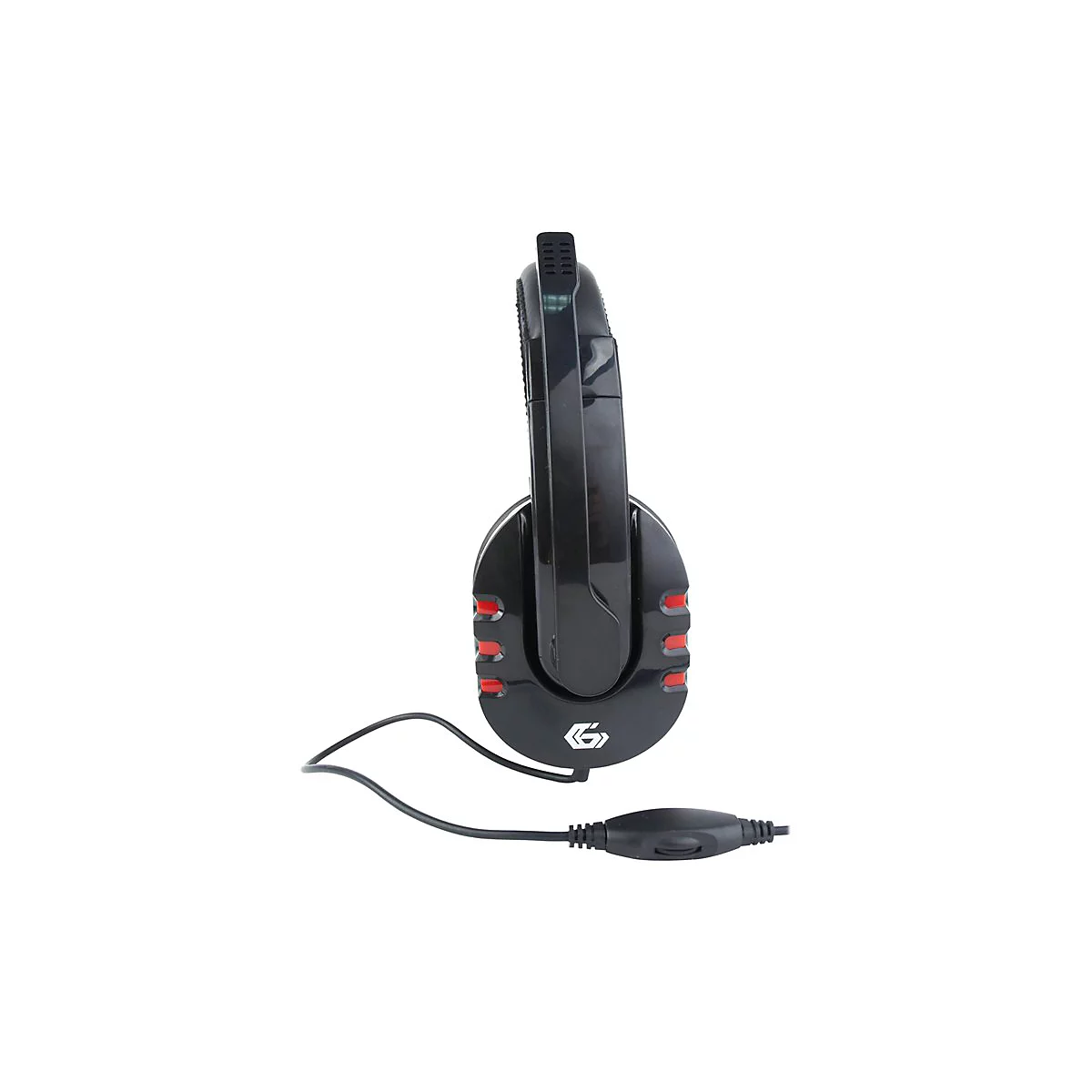 Schwarzes Gaming-Headset mit roter Akzentbeleuchtung und Kabel.