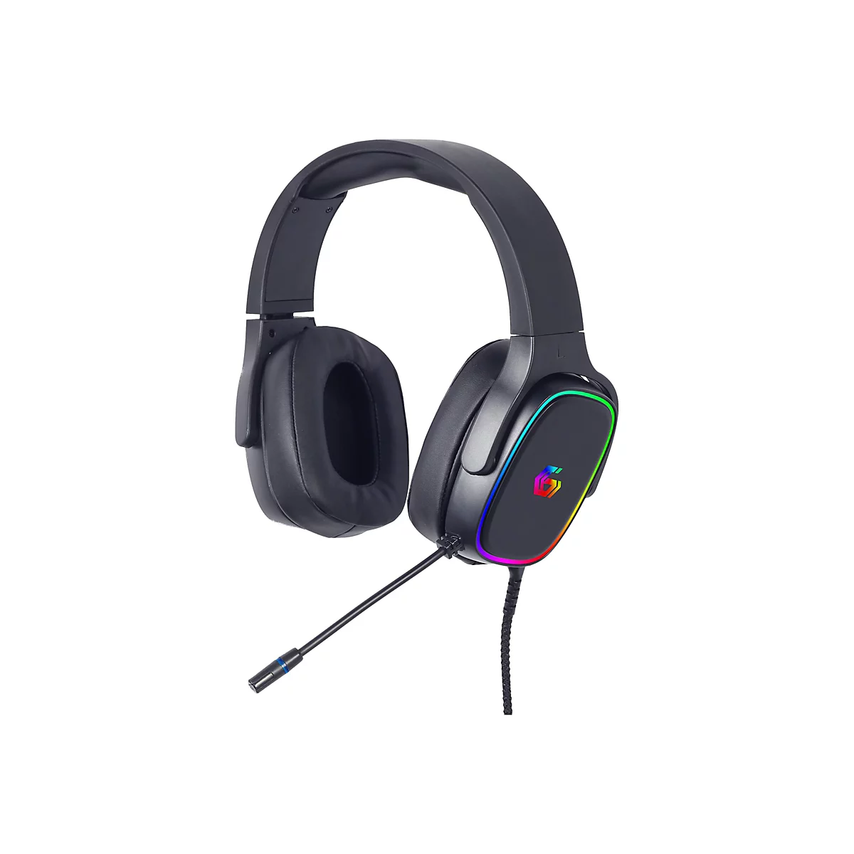 Schwarzes Gaming-Headset mit RGB-Beleuchtung an den Ohrmuscheln und einem ausklappbaren Mikrofon auf weißem Grund.