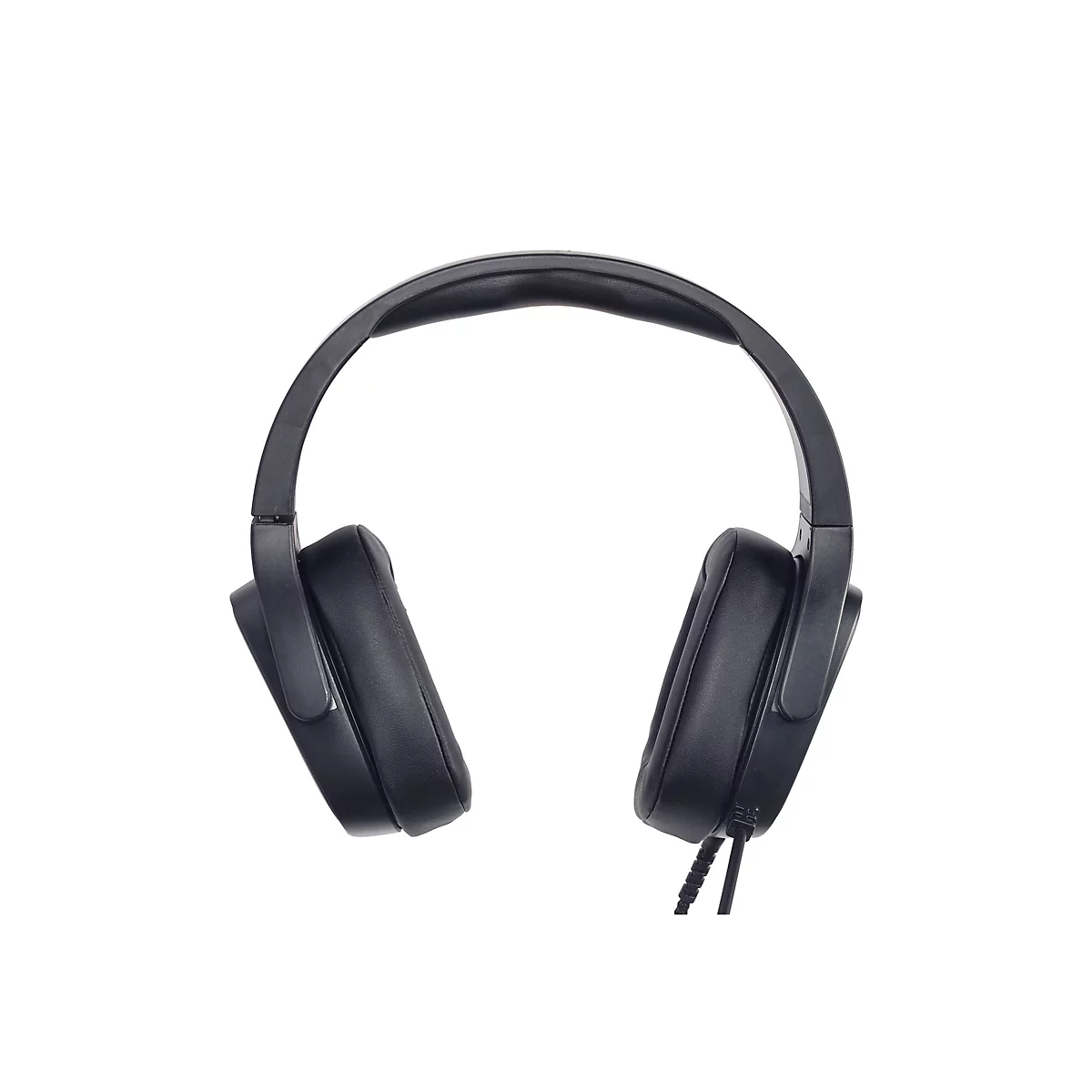 Schwarze Over-Ear-Kopfhörer mit Kabel vor weißem Hintergrund.