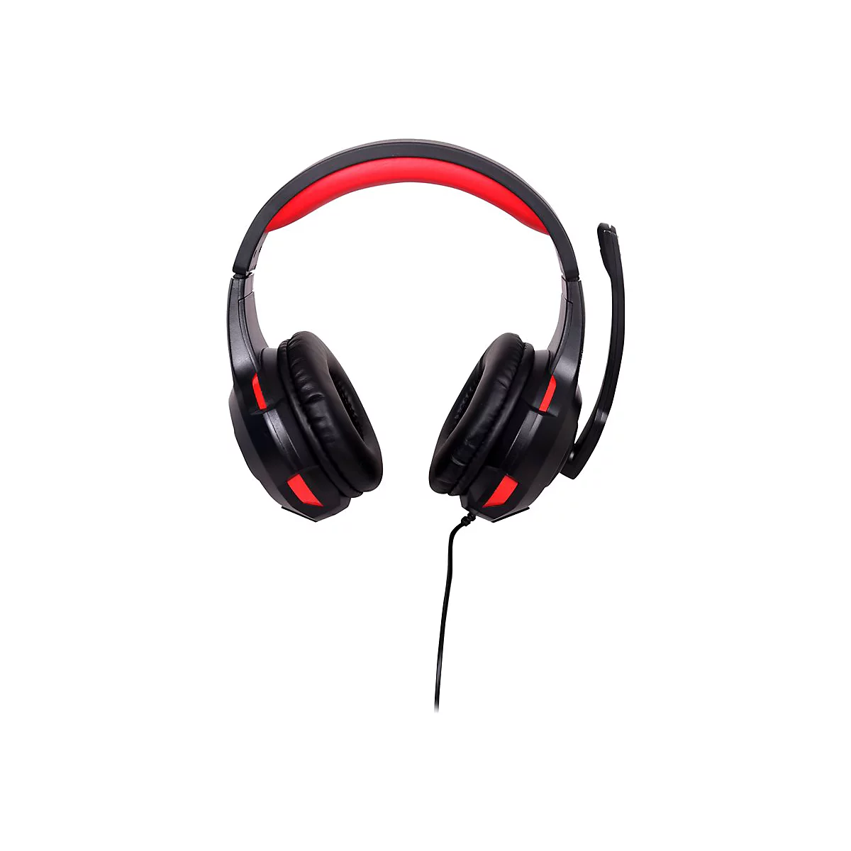 Schwarzes Gaming-Headset mit roten Akzenten und Mikrofon vor weiÃŸem Hintergrund.