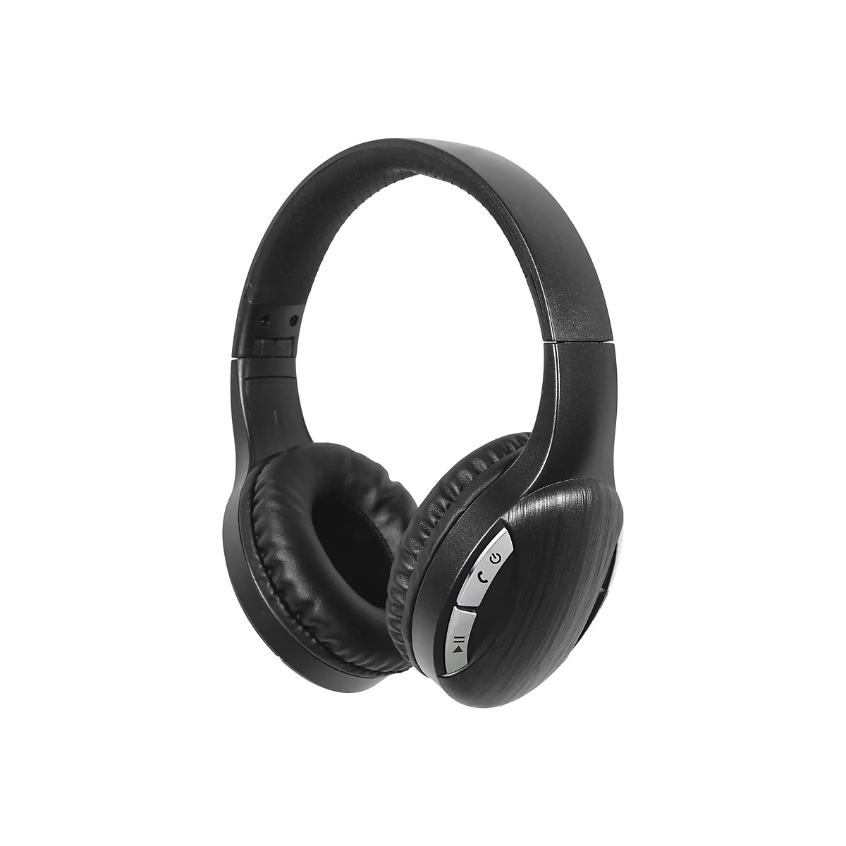 Schwarze Over-Ear-Kopfhörer mit gepolsterten Ohrmuscheln und Bedienknöpfen an der Seite vor weißem Hintergrund.