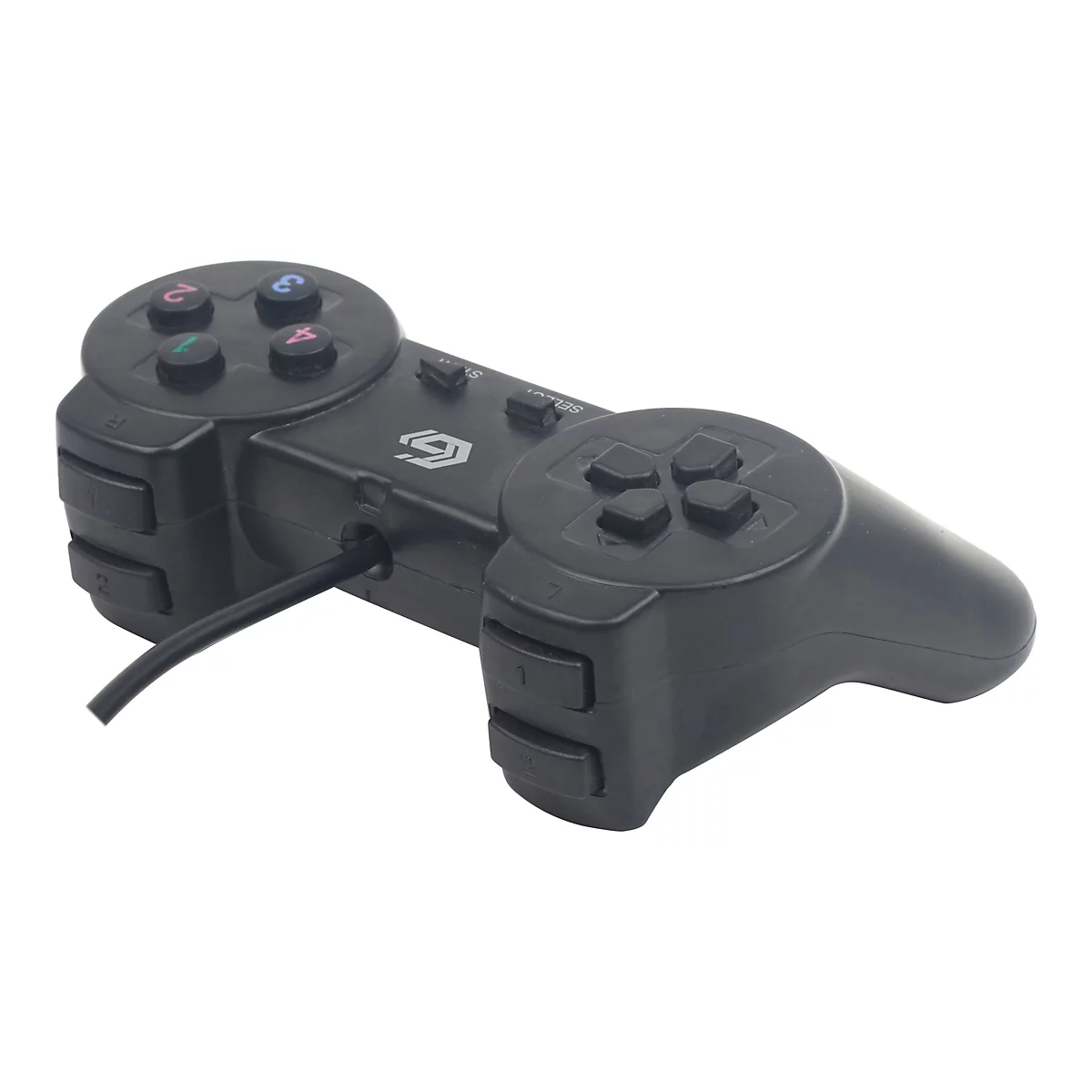 Schwarzer kabelgebundener Spielecontroller mit Tasten und einem zentralen Firmenlogo vor weißem Hintergrund.