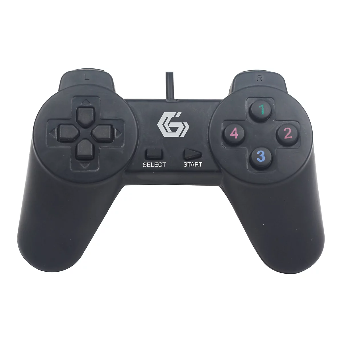 Schwarzer kabelgebundener Spielecontroller mit Steuerungstasten, vier nummerierten Tasten und einem zentralen G-Logo.