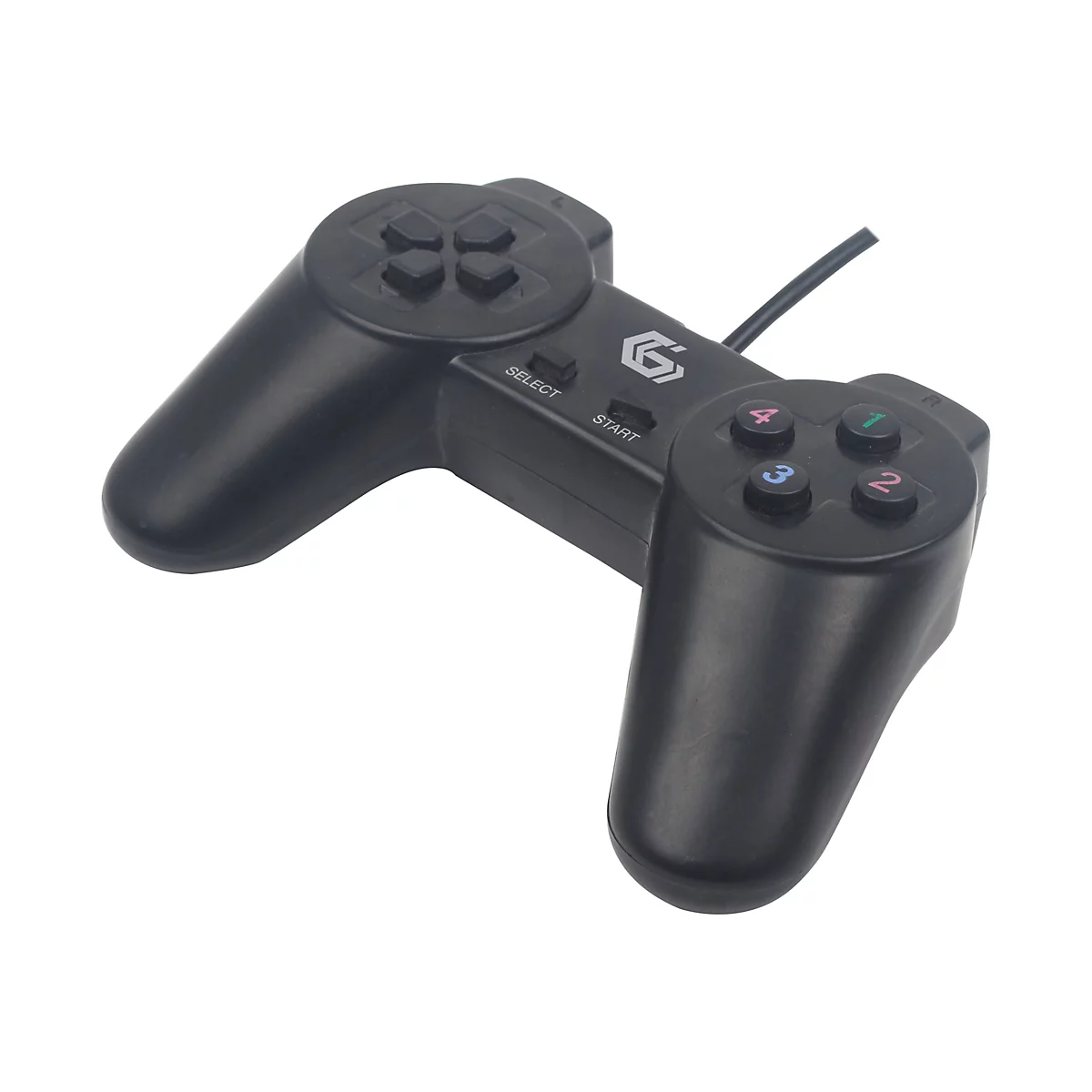 Schwarzer Gamecontroller mit Kabel, Pfeiltasten, Aktionstasten und Select/Start-Tasten. Logo.