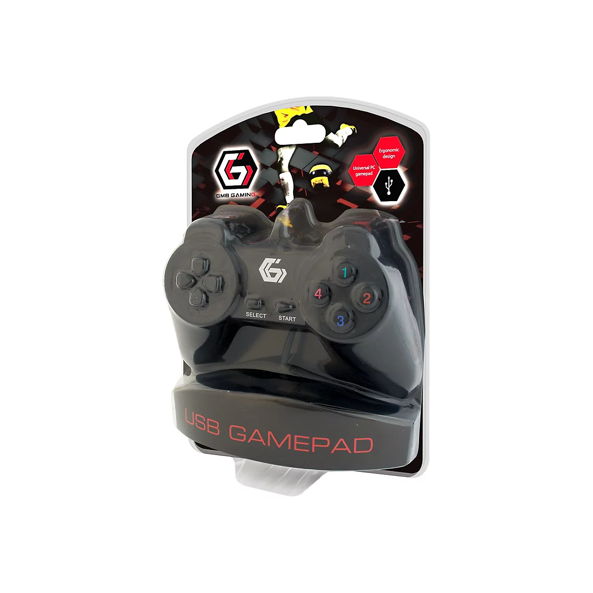 Schwarzes USB-Gamepad in Blisterverpackung. Aufdruck 'USB Gamepad'.