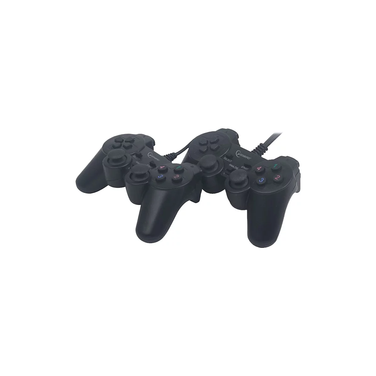 Zwei schwarze kabelgebundene Gembird-Gaming-Controller mit Analog-Sticks und nummerierten Tasten.