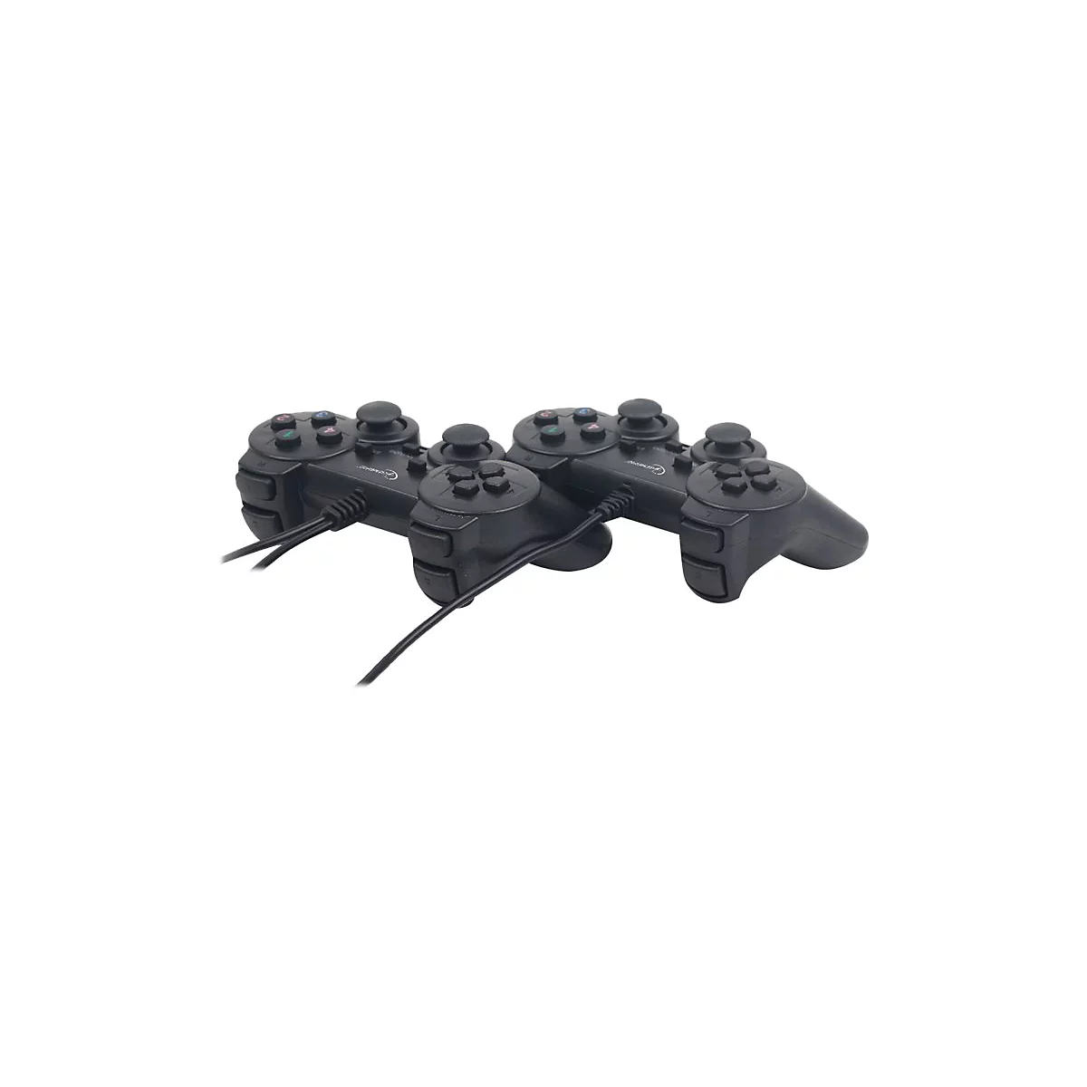 Zwei identische, schwarze kabelgebundene Gamecontroller auf weißem Hintergrund.