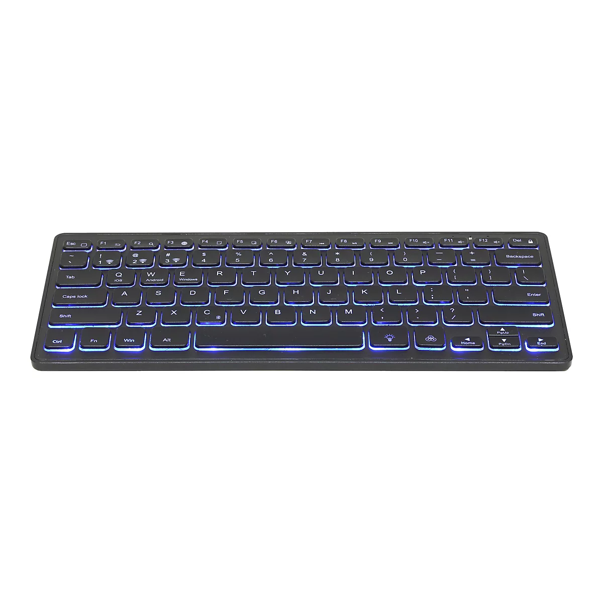 Schwarze kabellose Tastatur mit blauer LED-Hintergrundbeleuchtung auf weißem Hintergrund.