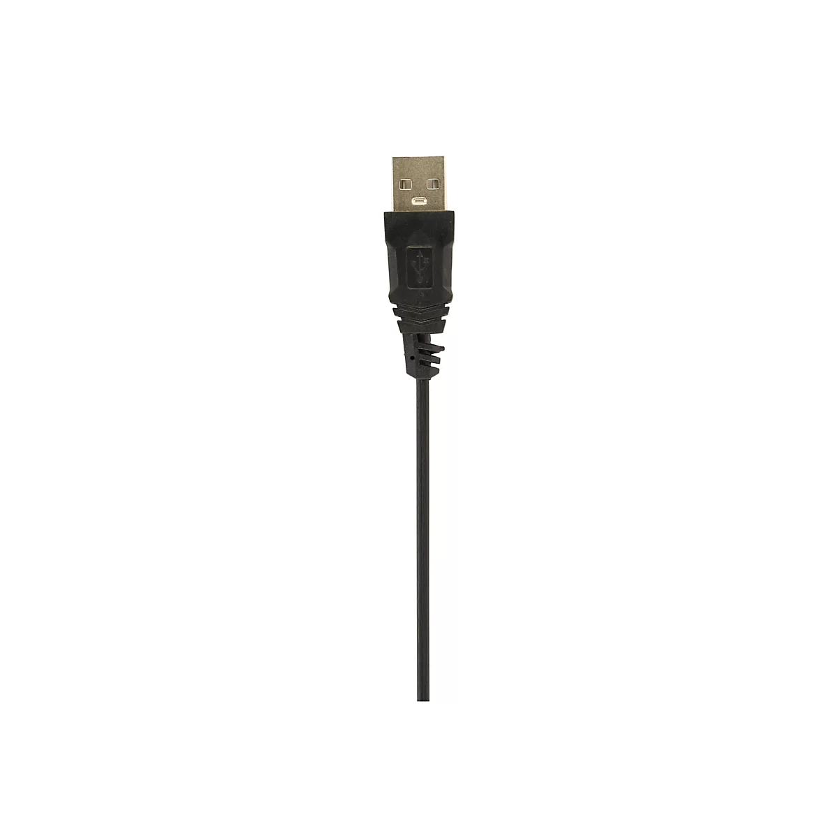 Schwarzer USB-A Stecker an einem Kabelende vor weißem Hintergrund.