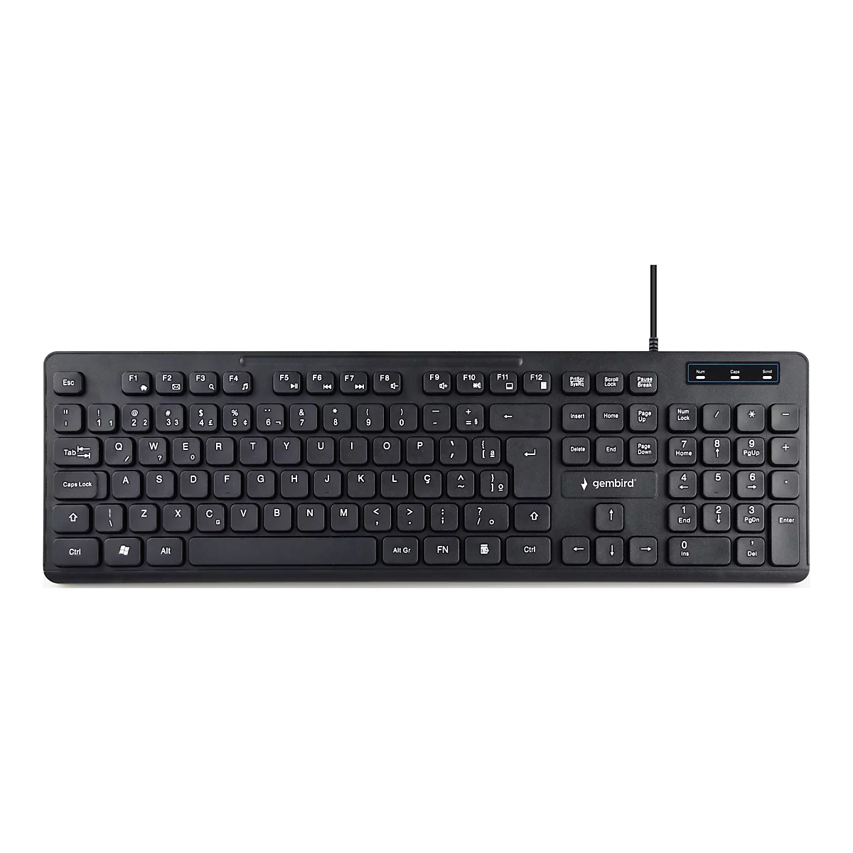 Schwarze Gembird Tastatur mit Kabel vor weißem Hintergrund.