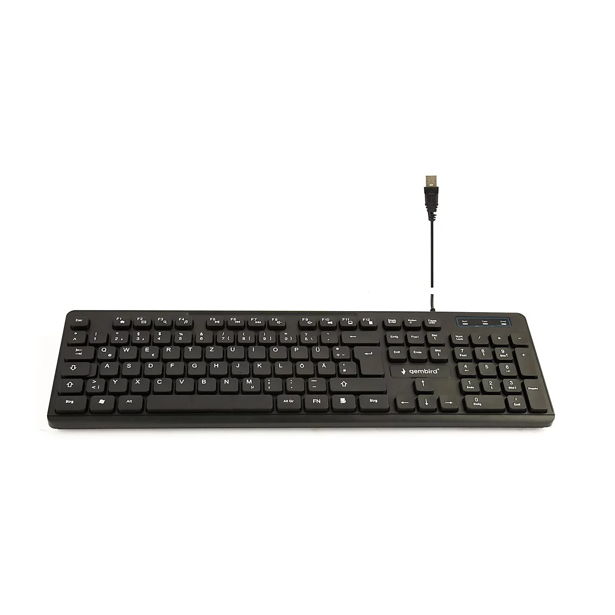 Schwarze Gembird Tastatur mit deutschem Layout und USB-Kabel vor weißem Hintergrund.