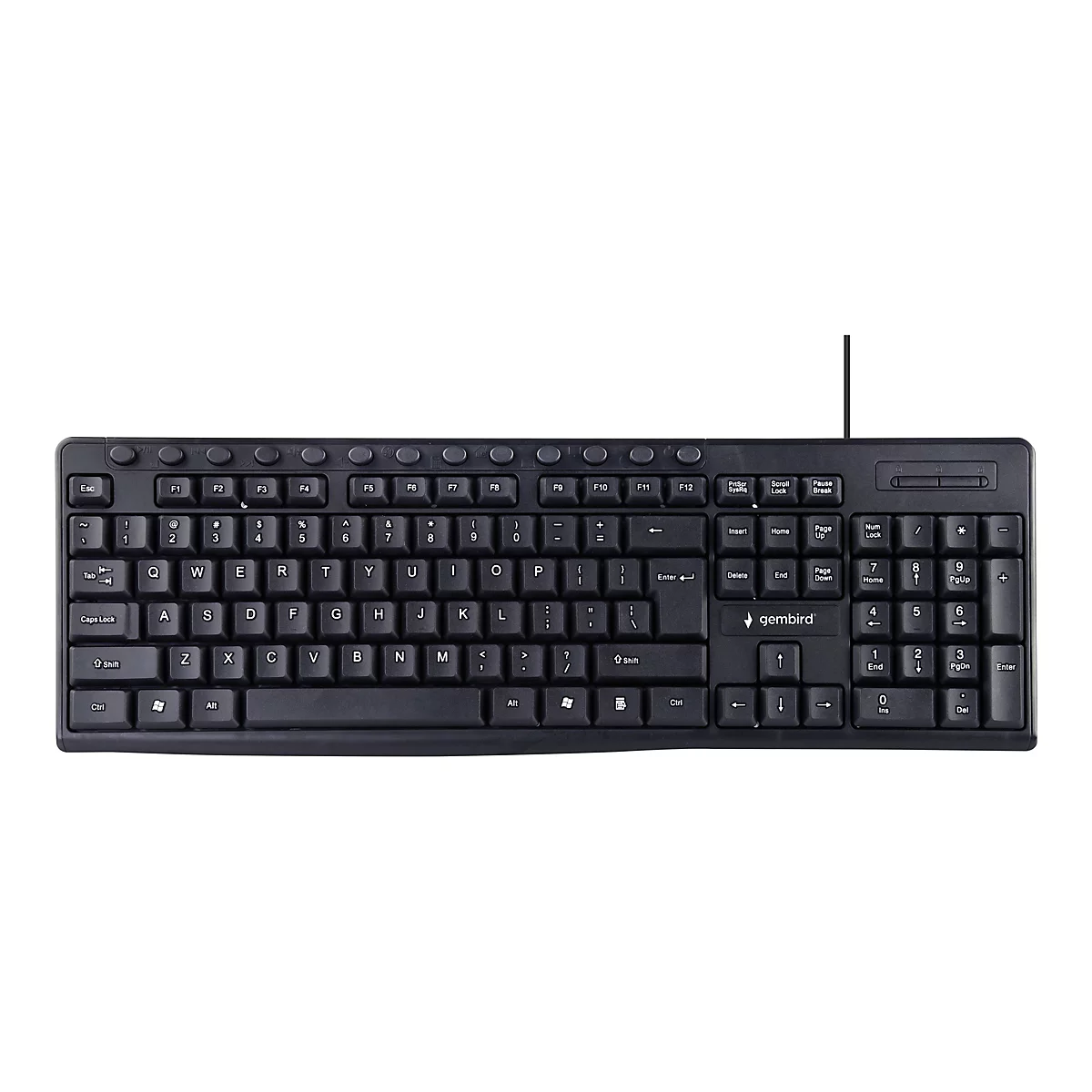 Schwarze kabelgebundene Gembird Tastatur mit QWERTZ-Layout und separatem Ziffernblock auf weißem Grund.