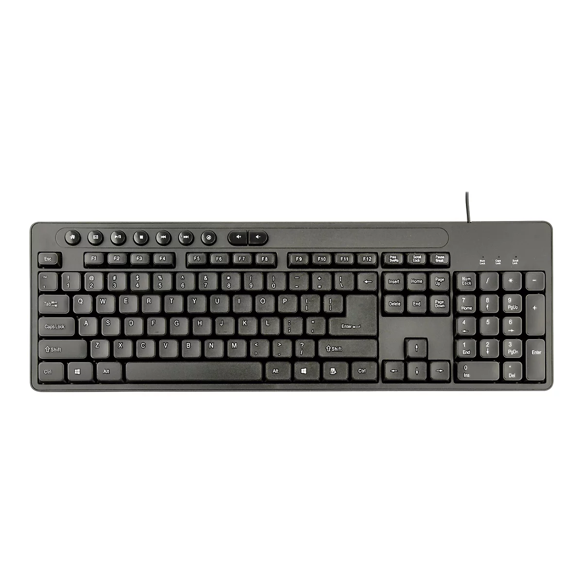 Schwarze Computertastatur mit QWERTY-Layout und zusätzlichen Medientasten oben vor weißem Hintergrund.