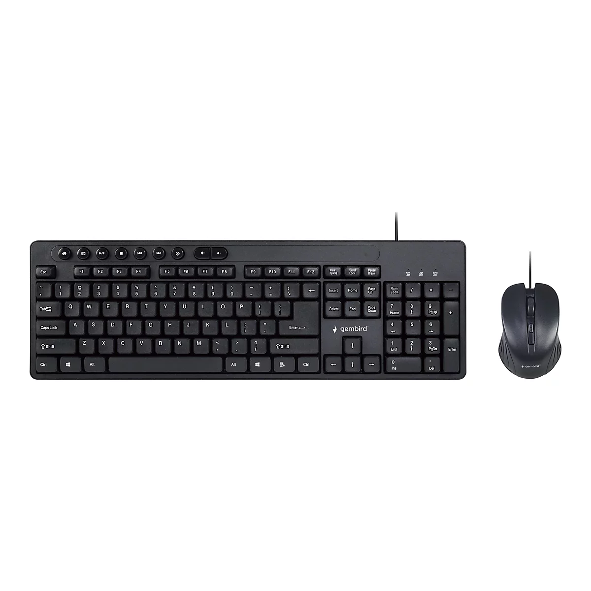 Schwarzes kabelgebundenes Tastatur- und Maus-Set von Gembird auf weißem Hintergrund.