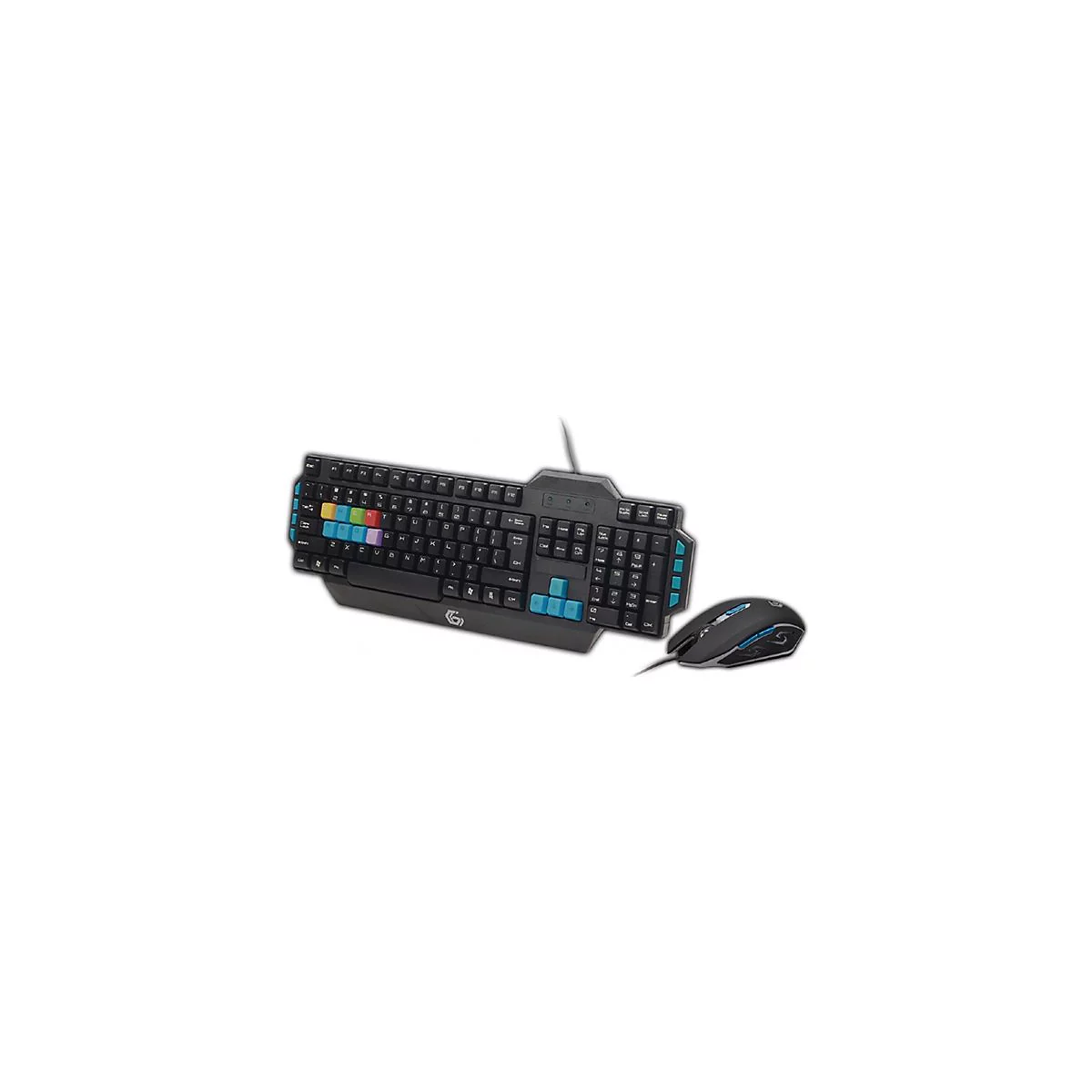 Schwarzes Gaming-Tastatur- und Maus-Set mit hervorgehobenen bunten Tasten vor neutralem Hintergrund.