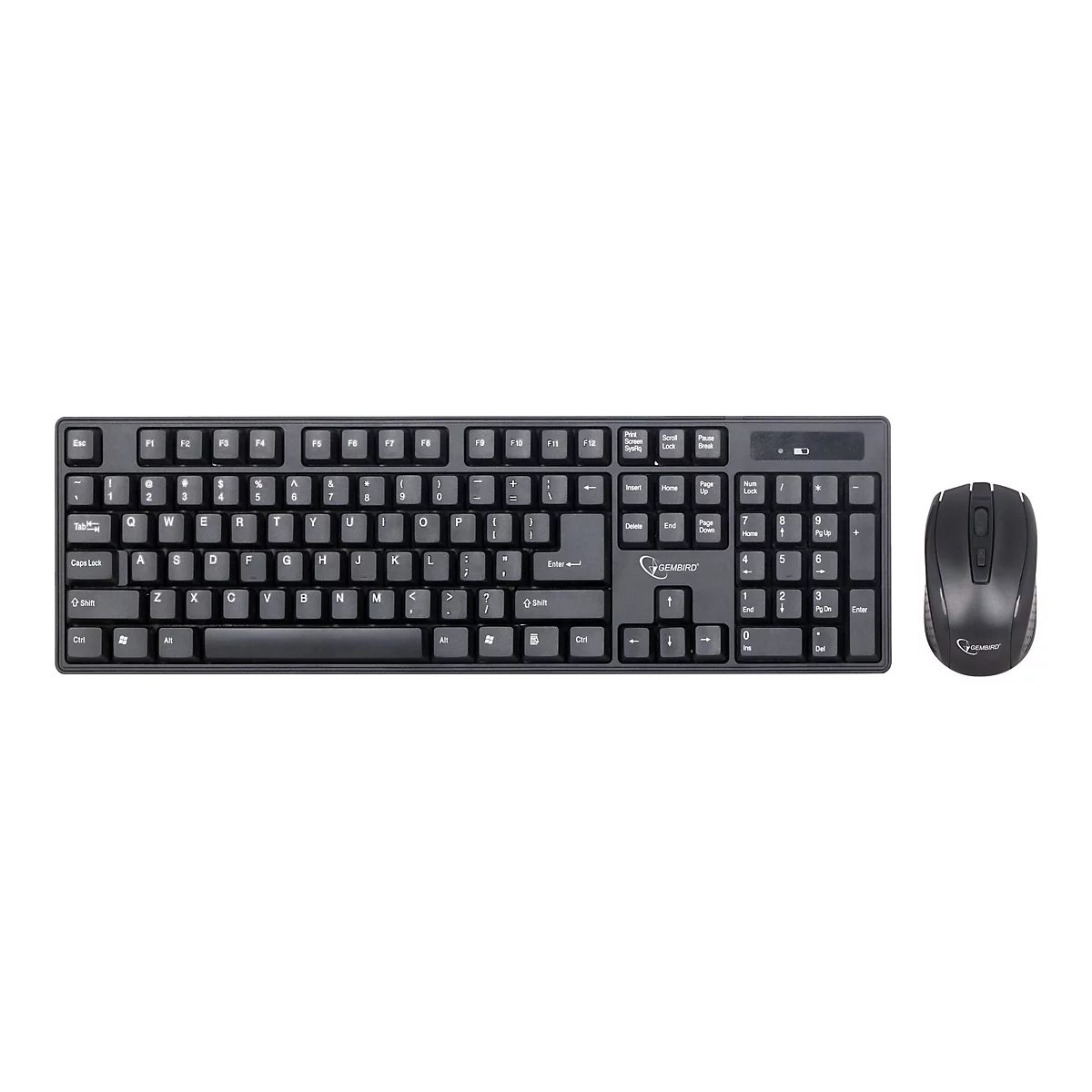 Schwarze Tastatur und Maus, Drahtlos-Set. Die Tastatur ist vollflächig mit Tasten und die Maus hat zwei Tasten und ein Scrollrad.