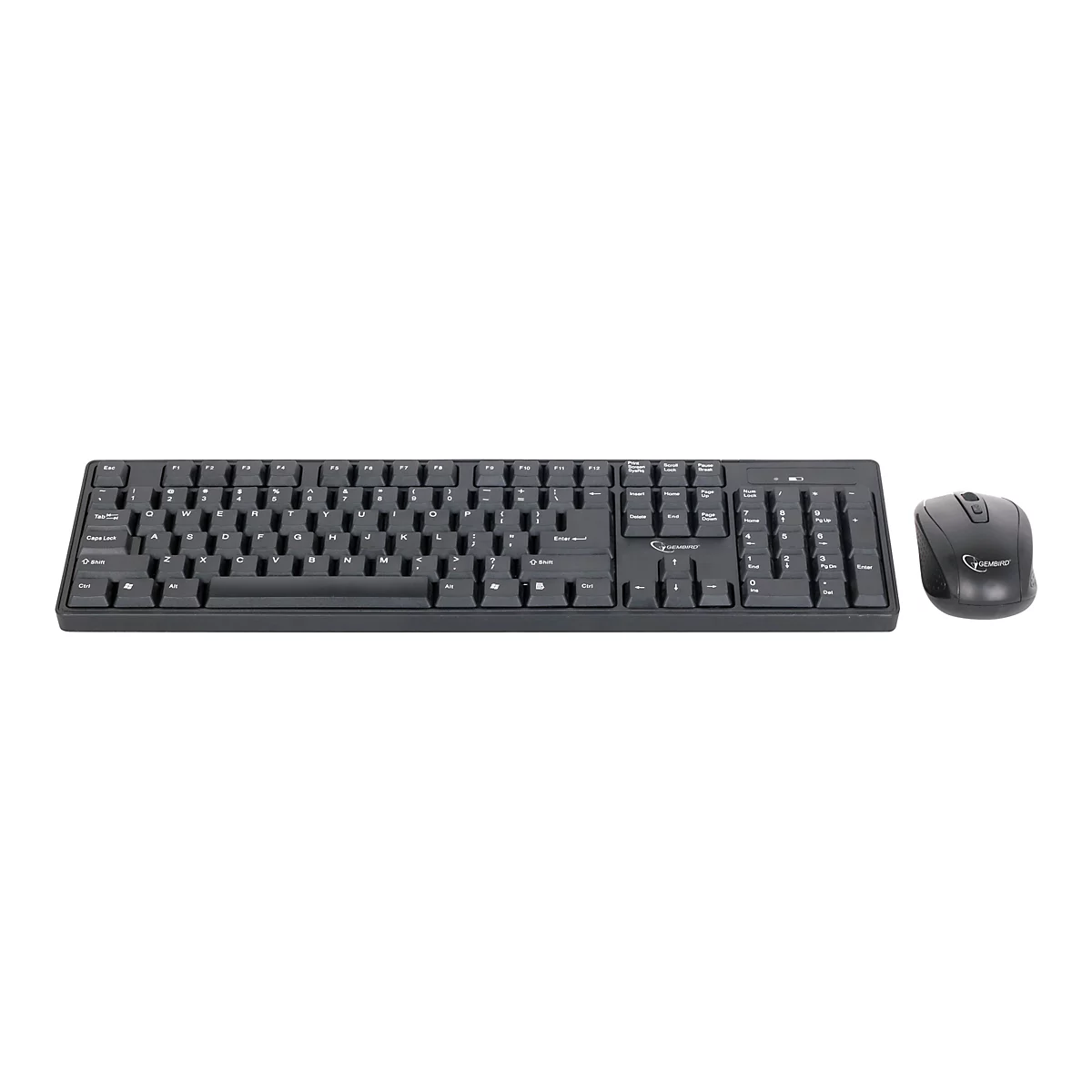 Schwarzes kabelloses Tastatur- und Maus-Set von Gembird auf weißem Hintergrund.