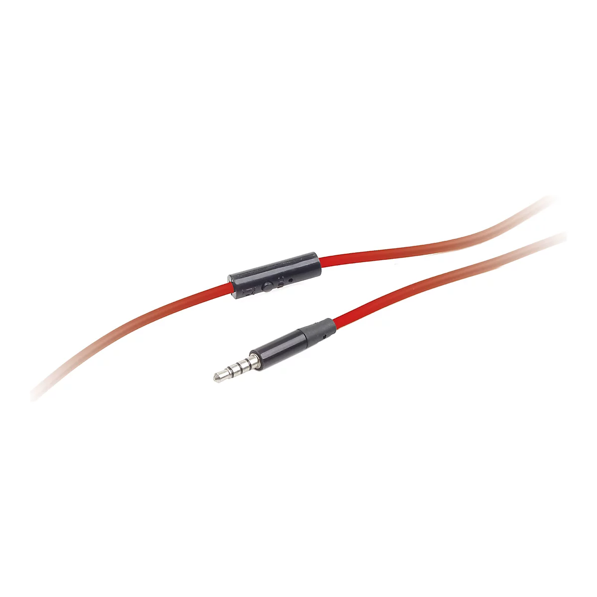 Rotes Audiokabel mit 3,5-mm-Klinkenstecker und kleiner Inline-Bedieneinheit vor weißem Hintergrund.