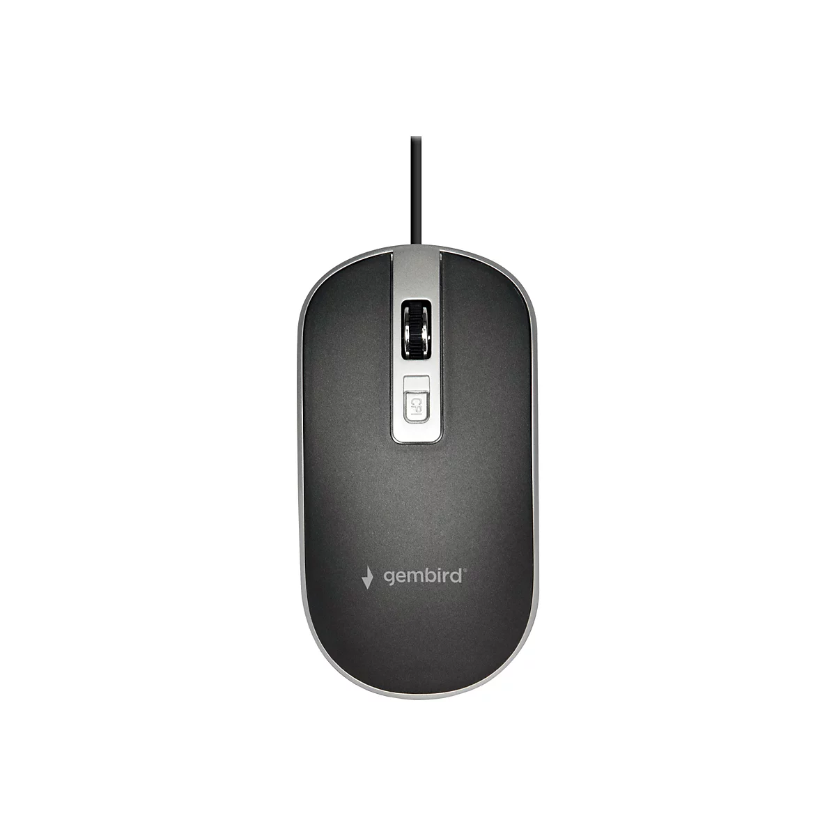Draufsicht einer anthrazitfarbenen Gembird-Computermaus mit Kabel, Scrollrad und CPI-Taste vor weißem Hintergrund.