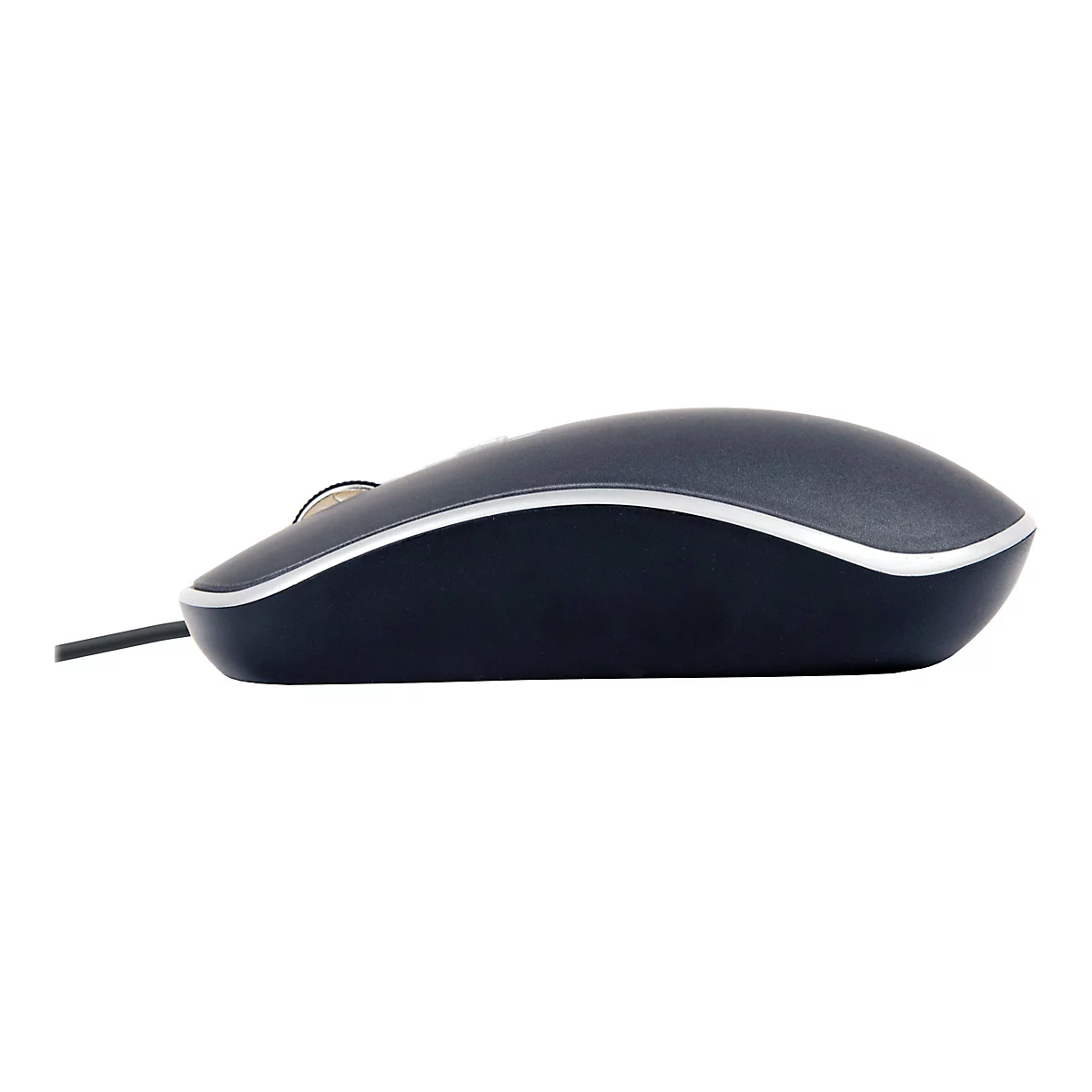Seitenansicht einer schwarzen, ergonomischen Computermaus mit silbernem Zierstreifen vor weißem Hintergrund.