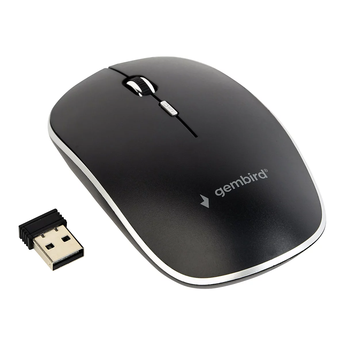 Schwarze, kabellose Gembird-Computermaus mit silbernem Rand, Scrollrad, DPI-Taste und passendem USB-Empfänger.