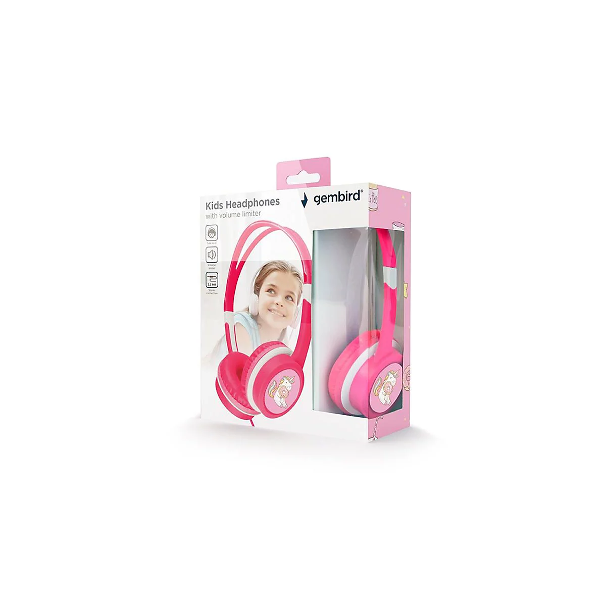 Rosa Gembird Kinderkopfhörer mit Einhorn-Design in der Verpackung, ein lächelndes Mädchen ist abgebildet.