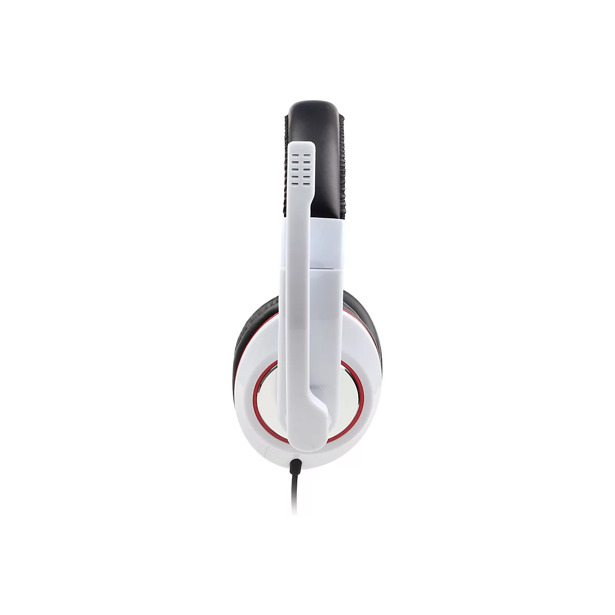 Seitenansicht eines weißen Gaming-Headsets mit hochgeklapptem Mikrofonarm vor weißem Hintergrund.