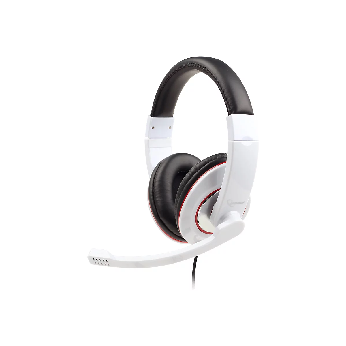 Weißes Gaming-Headset mit schwarzer Polsterung und Mikrofonbügel vor weißem Hintergrund.