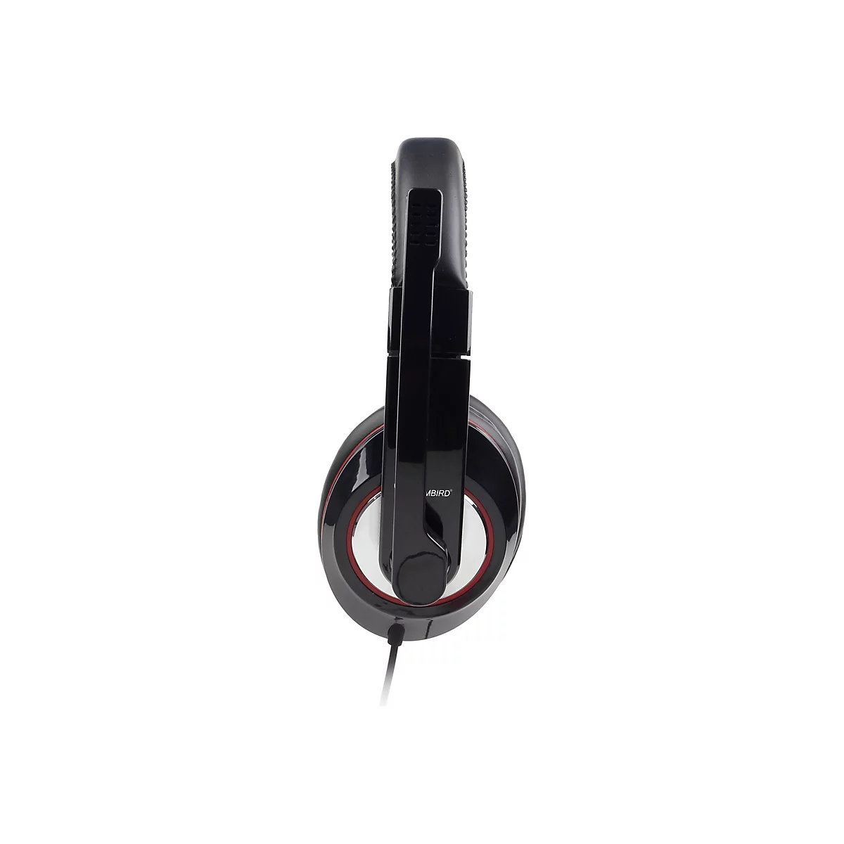 Schwarze Over-Ear-Kopfhörer mit rotem Akzentring vor weißem Hintergrund, Seitenansicht.