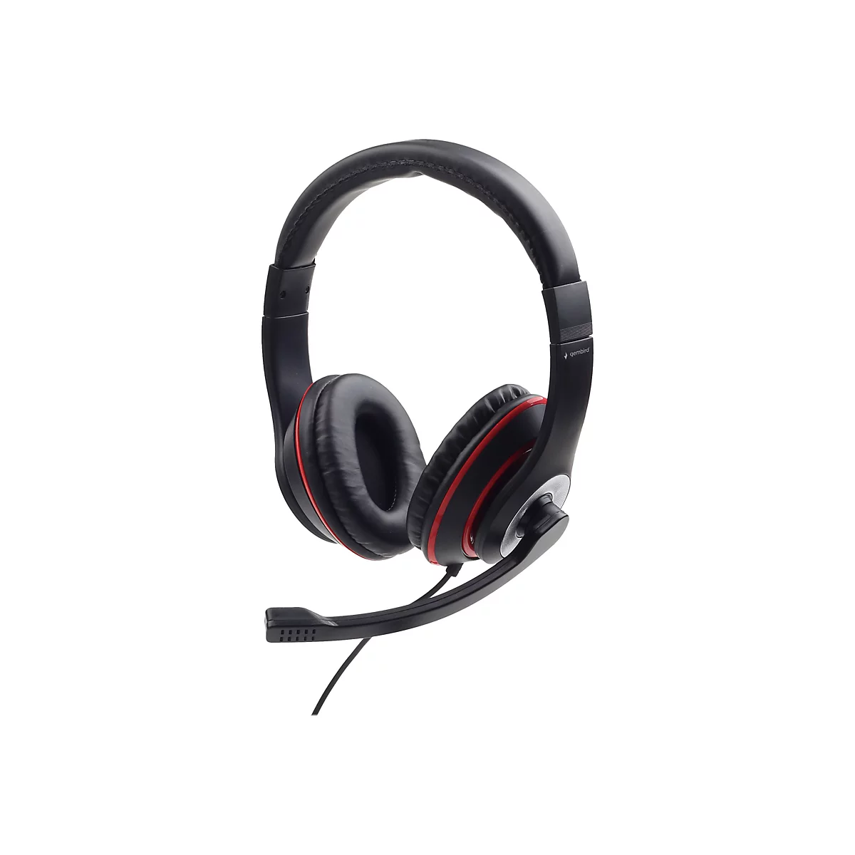 Schwarzes Gembird Headset mit roten Akzenten und klappbarem Mikrofon vor weißem Hintergrund.