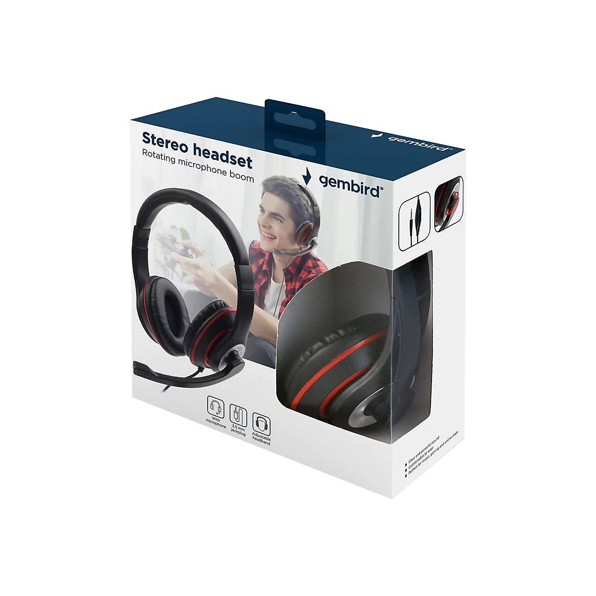 Verpackung eines Stereo-Headsets. Auf dem Karton ist das Headset selbst sowie ein Mann abgebildet, der es trägt. Das Headset ist schwarz mit roten Akzenten.