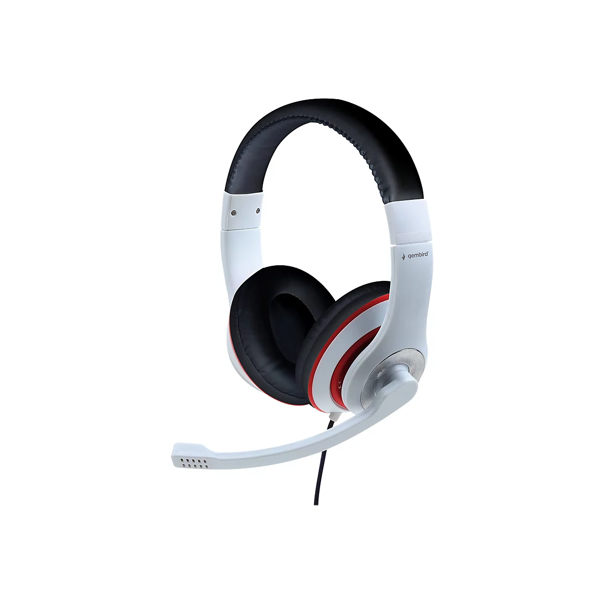 Weißes Gembird-Headset mit schwarzem Kopfpolster, Ohrmuscheln und ausklappbarem Mikrofon vor weißem Hintergrund.