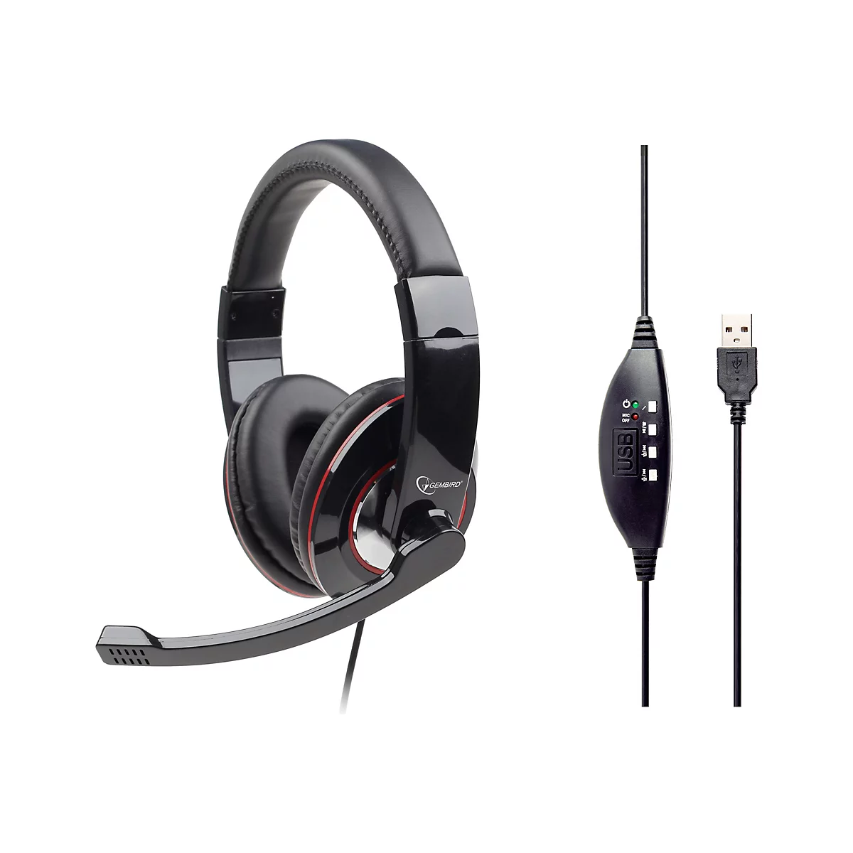Schwarzes Gembird Headset mit USB-Anschluss und Bedienelement am Kabel auf weißem Hintergrund.