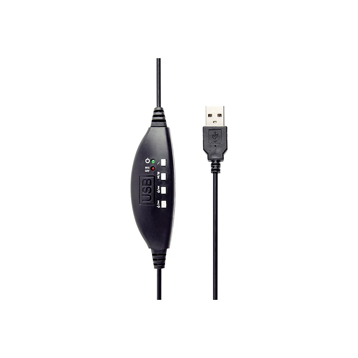 Schwarze Kabelfernbedienung mit USB-Stecker und Tasten für Mikrofonstumm, Wiedergabe und Lautstärkeregelung.