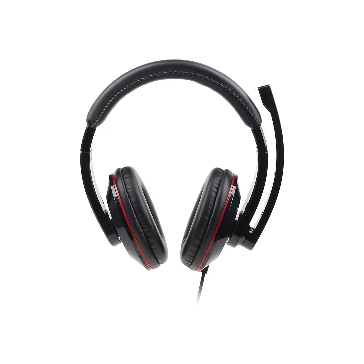 Schwarzes Gaming-Headset mit rotem Akzentstreifen an den Ohrmuscheln und integriertem Mikrofonbügel.
