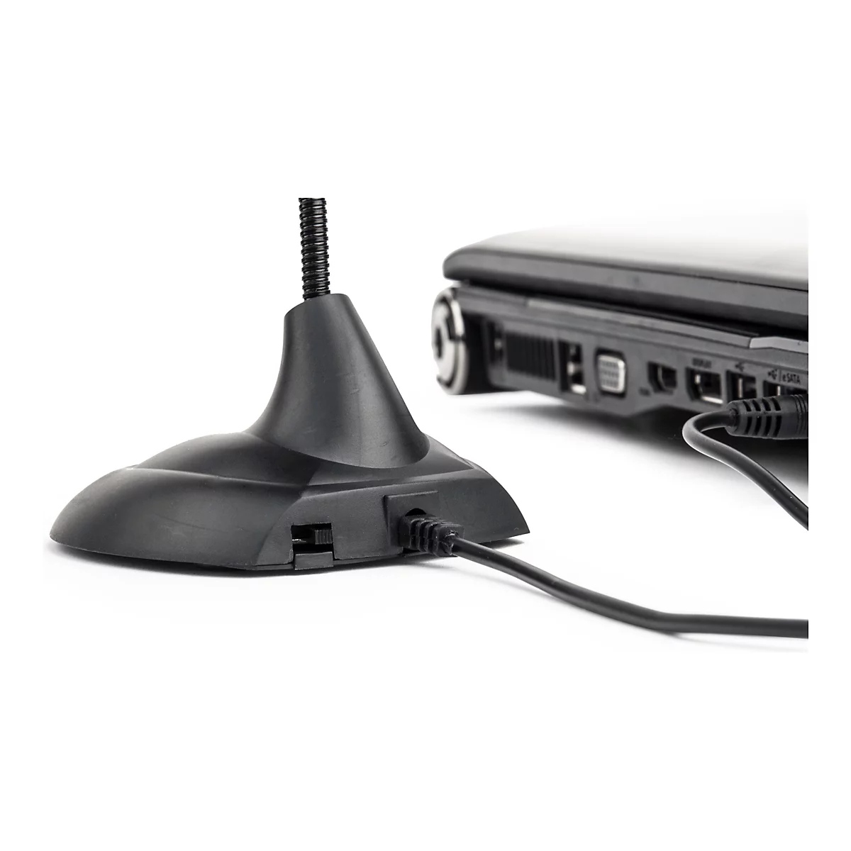 Schwarzes Mikrofon mit biegsamem Schwanenhals, angeschlossen an ein schwarzes Laptop.