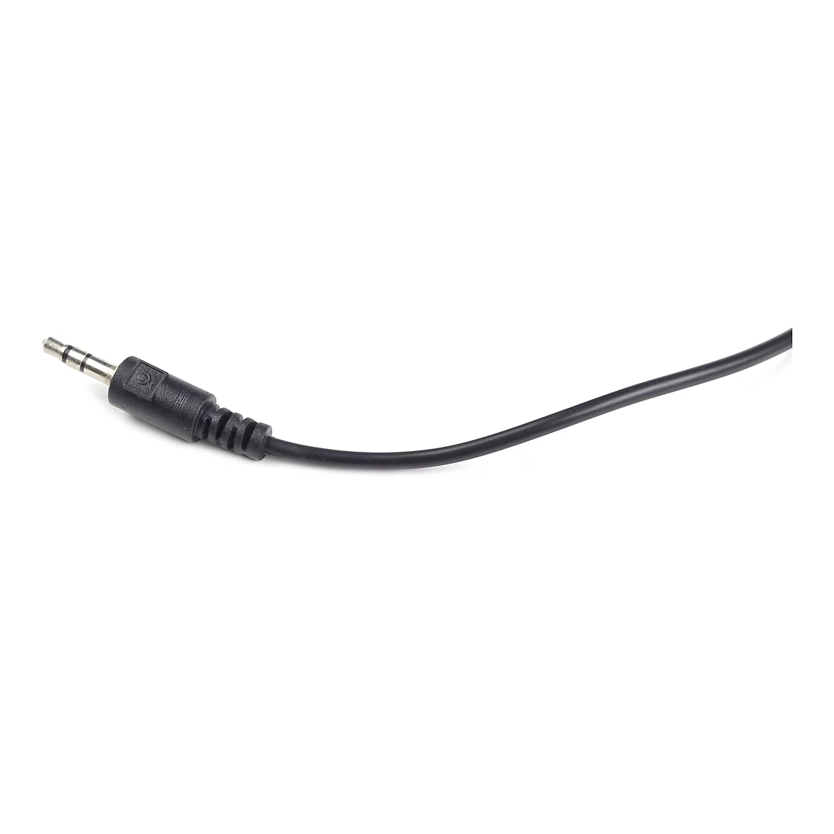 Schwarzer 3,5-mm-Klinkenstecker an einem Kabelende vor weißem Hintergrund.