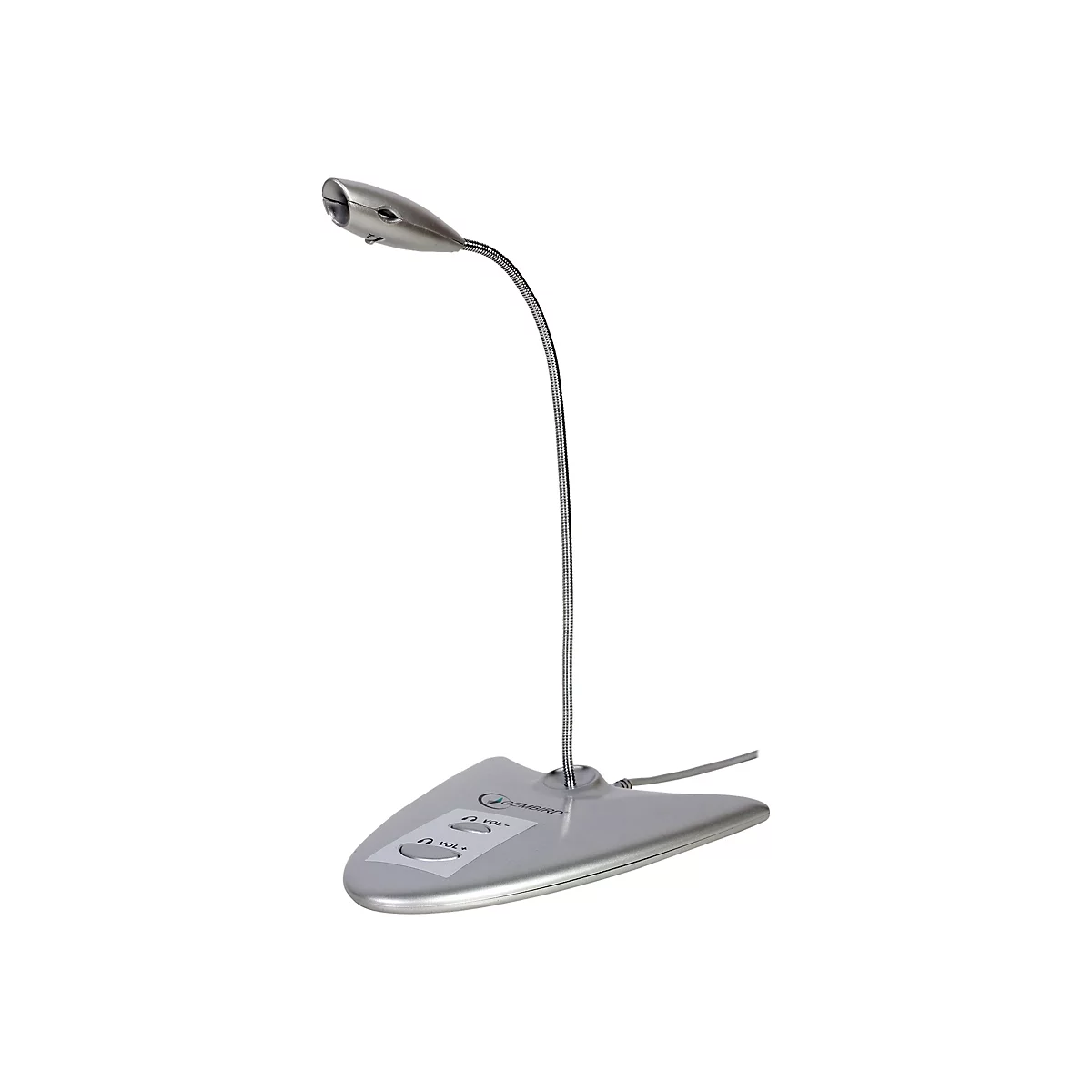 Silbernes Gembird Schwanenhals-Mikrofon mit Standfuß und Lautstärkereglern vor weißem Hintergrund.