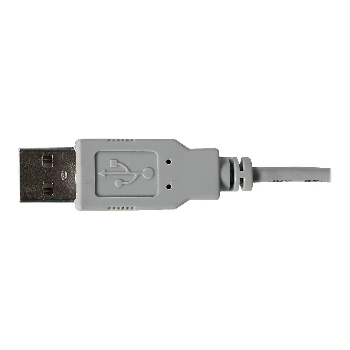 Grauer USB-Stecker Typ A mit Kabelanschluss vor weißem Hintergrund.