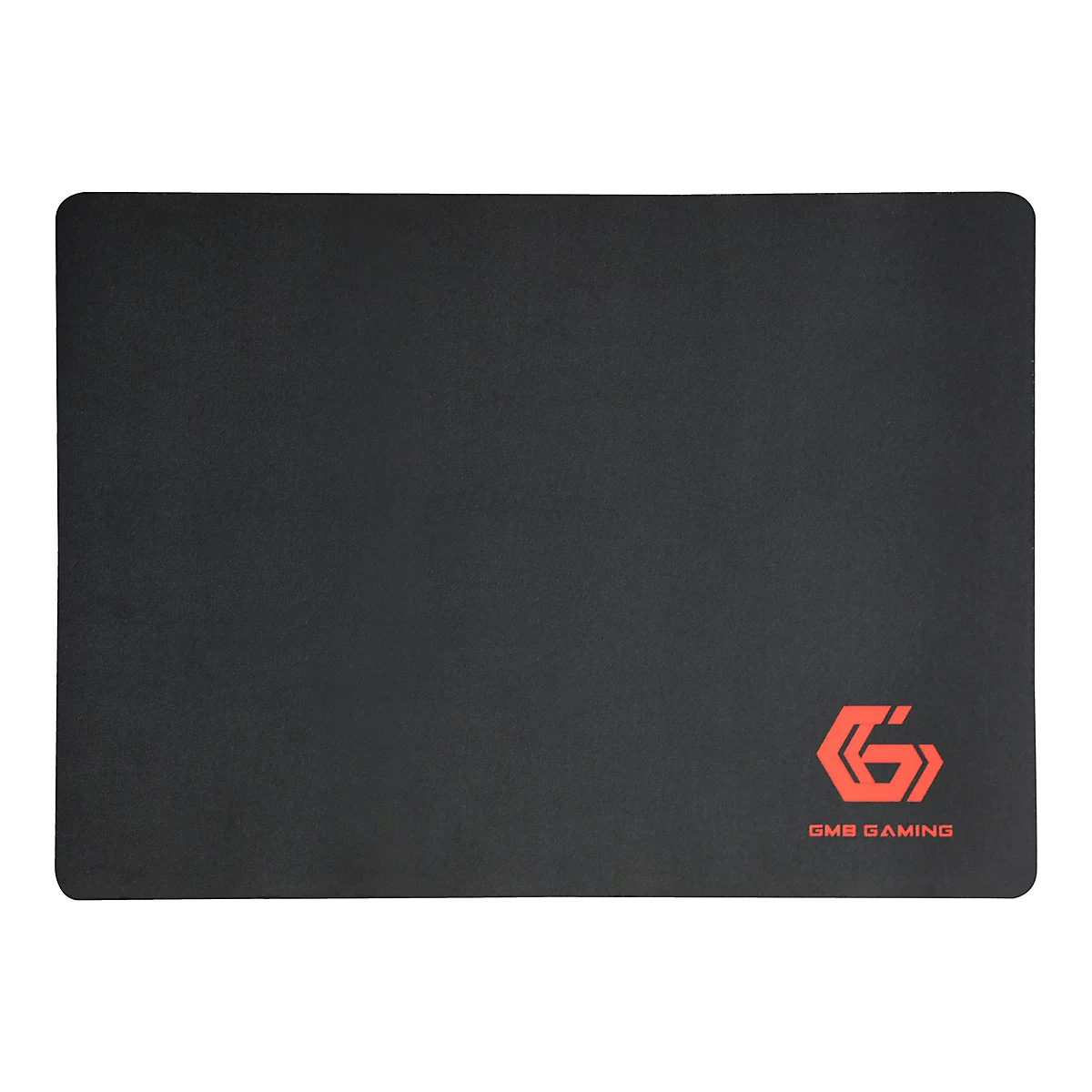 Schwarzes rechteckiges Mauspad mit GMB GAMING Logo in Orange in der unteren rechten Ecke.