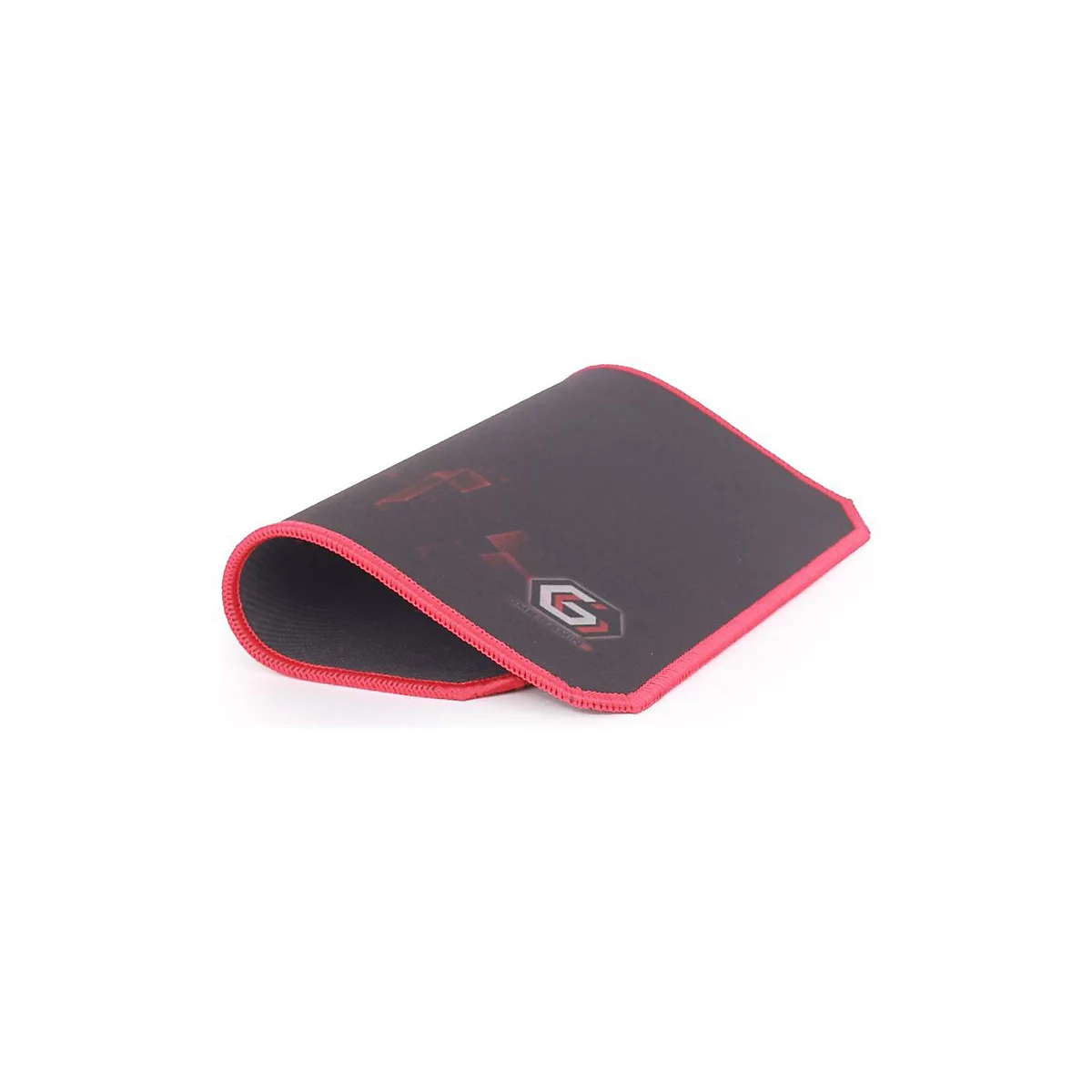 Schwarzes Mauspad mit roter Umrandung und Logo auf weißem Hintergrund.