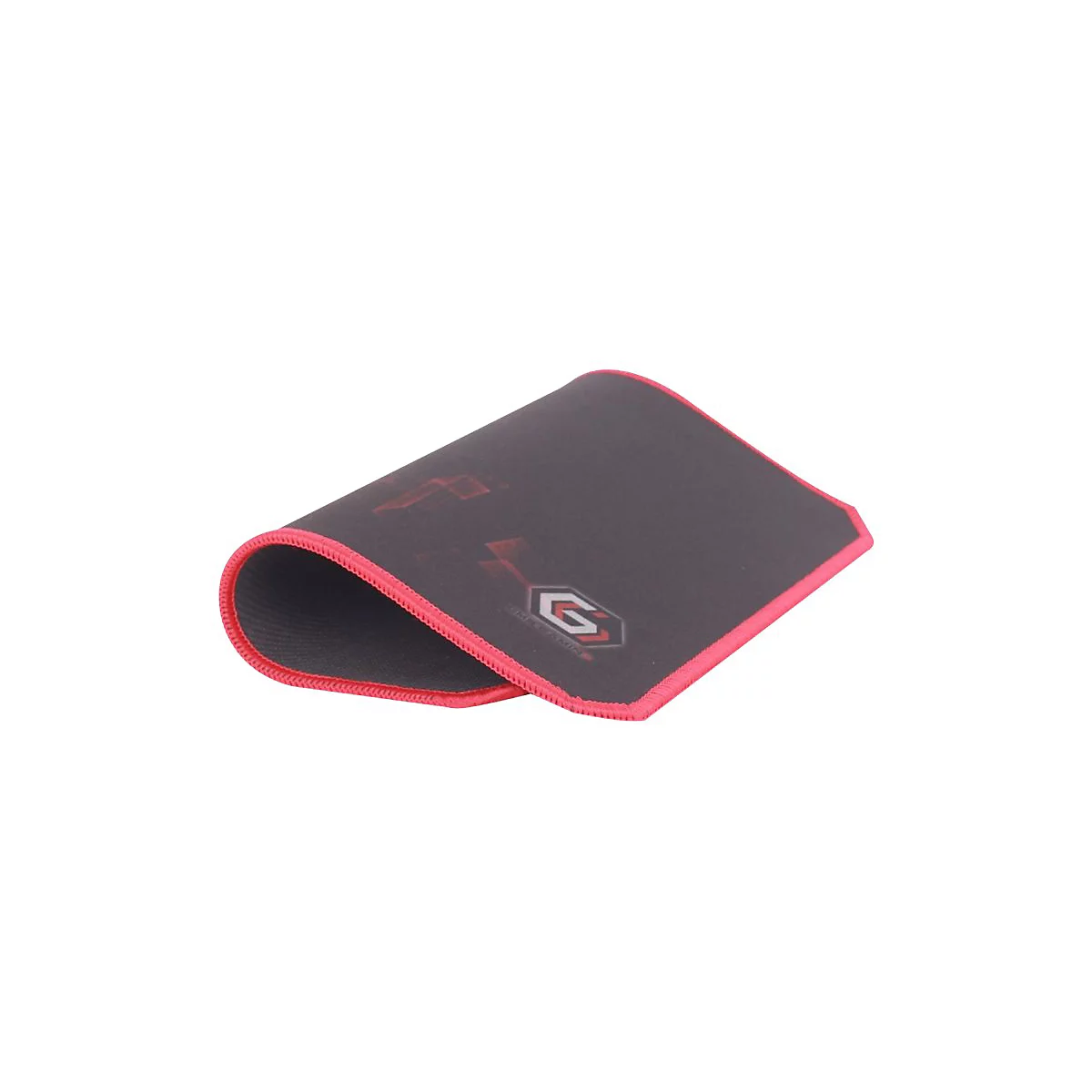 Ein schwarzes Mousepad mit roter Umrandung. Es ist zur HÃ¤lfte gefaltet, mit rotem Logo.